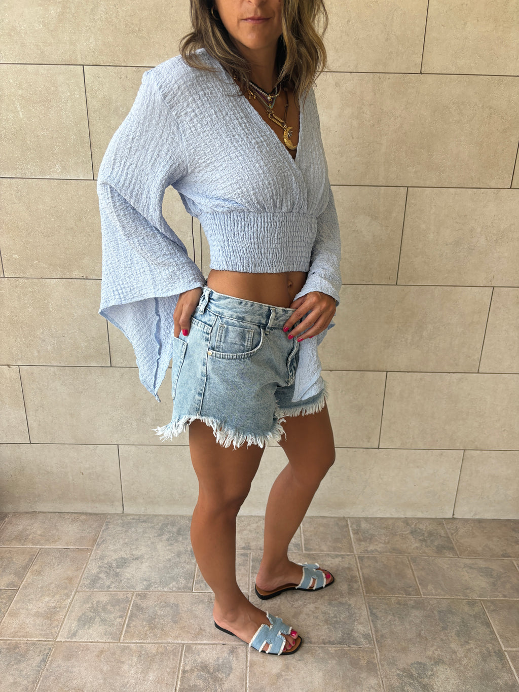 Baby Blue Crinkle Flare Top