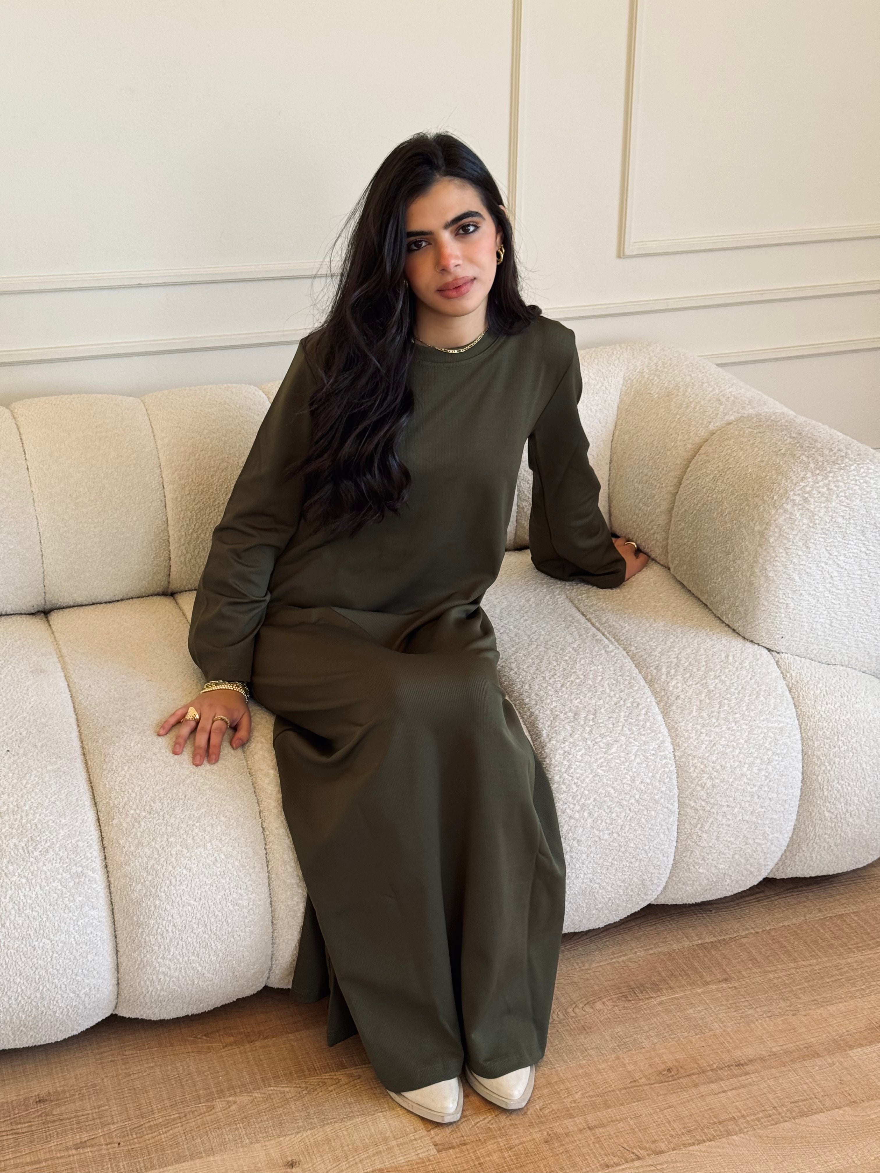 Olive Crew Neck Ribbed Dress
