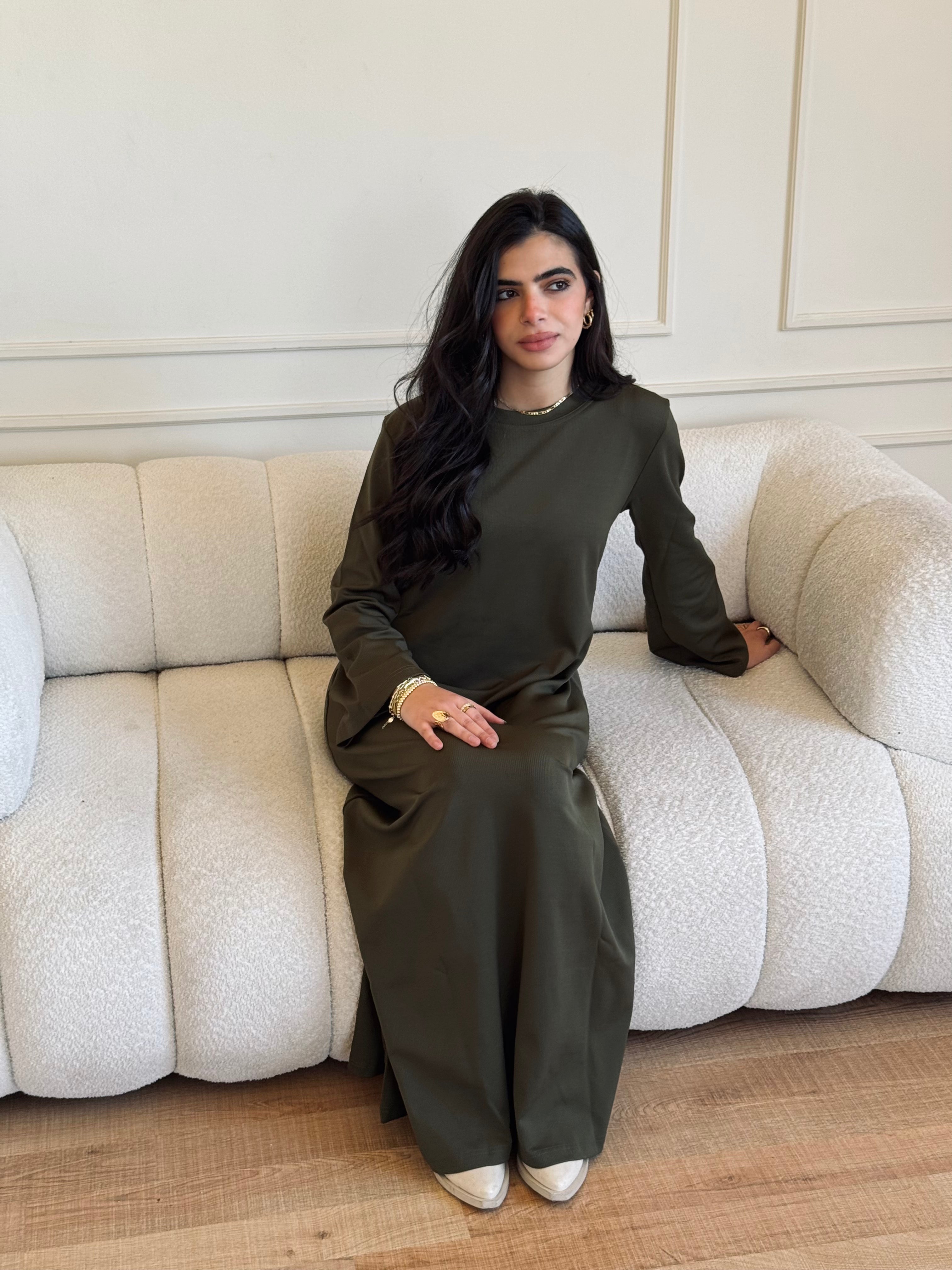 Olive Crew Neck Ribbed Dress