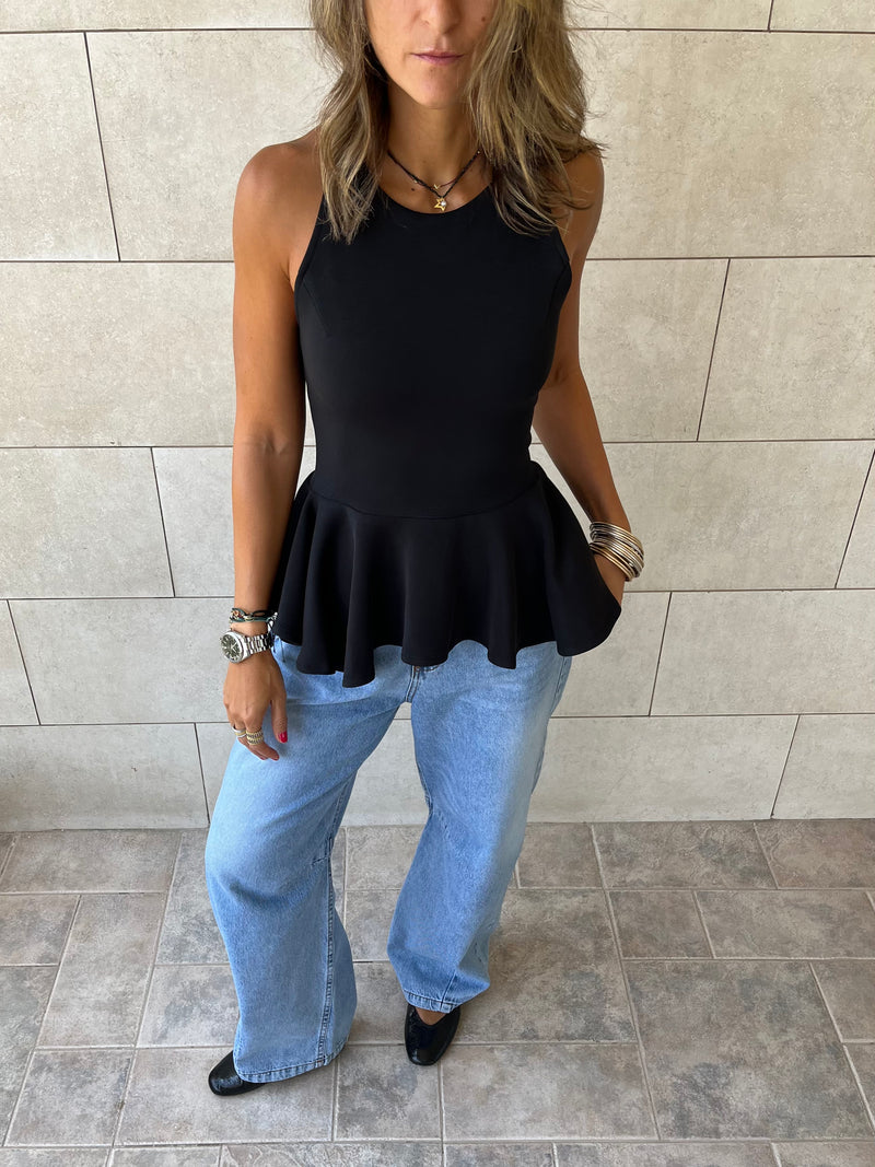Black Peplum Scuba Top