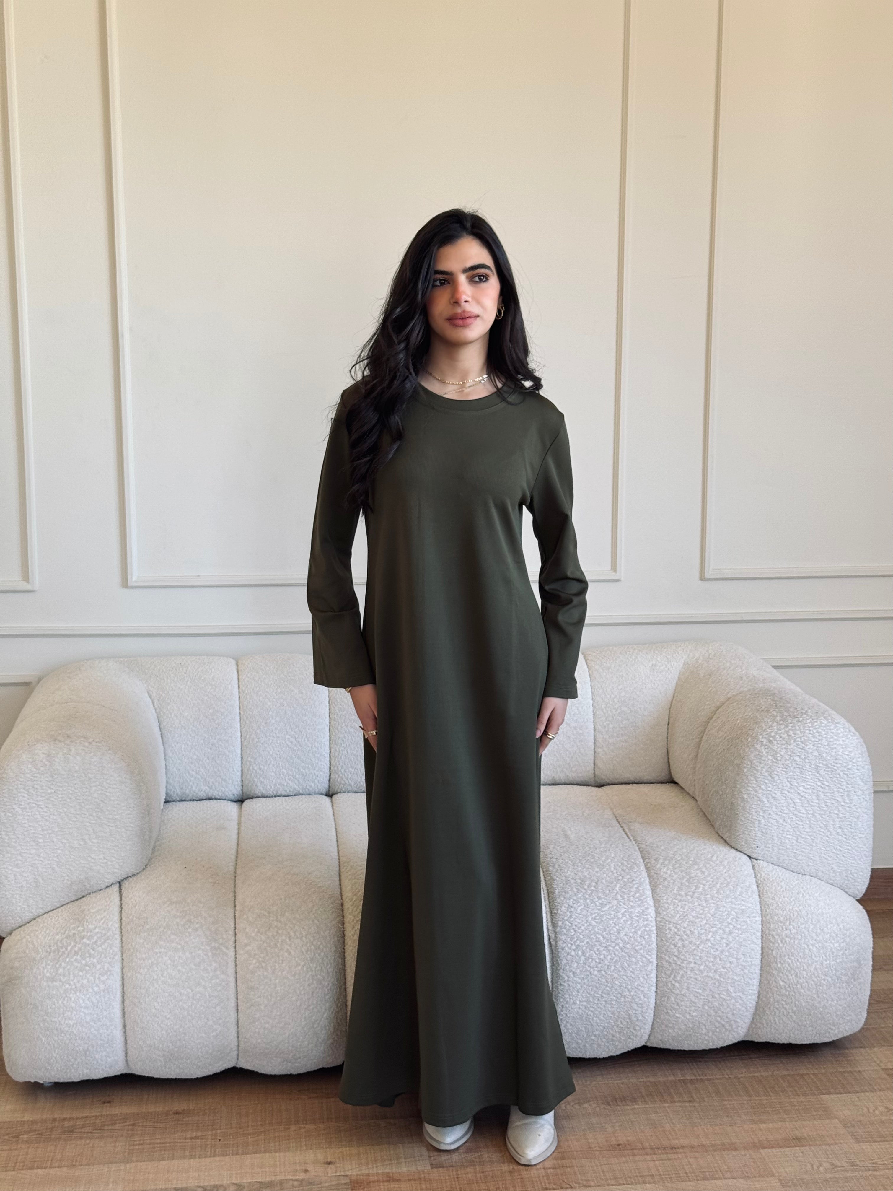Olive Crew Neck Ribbed Dress