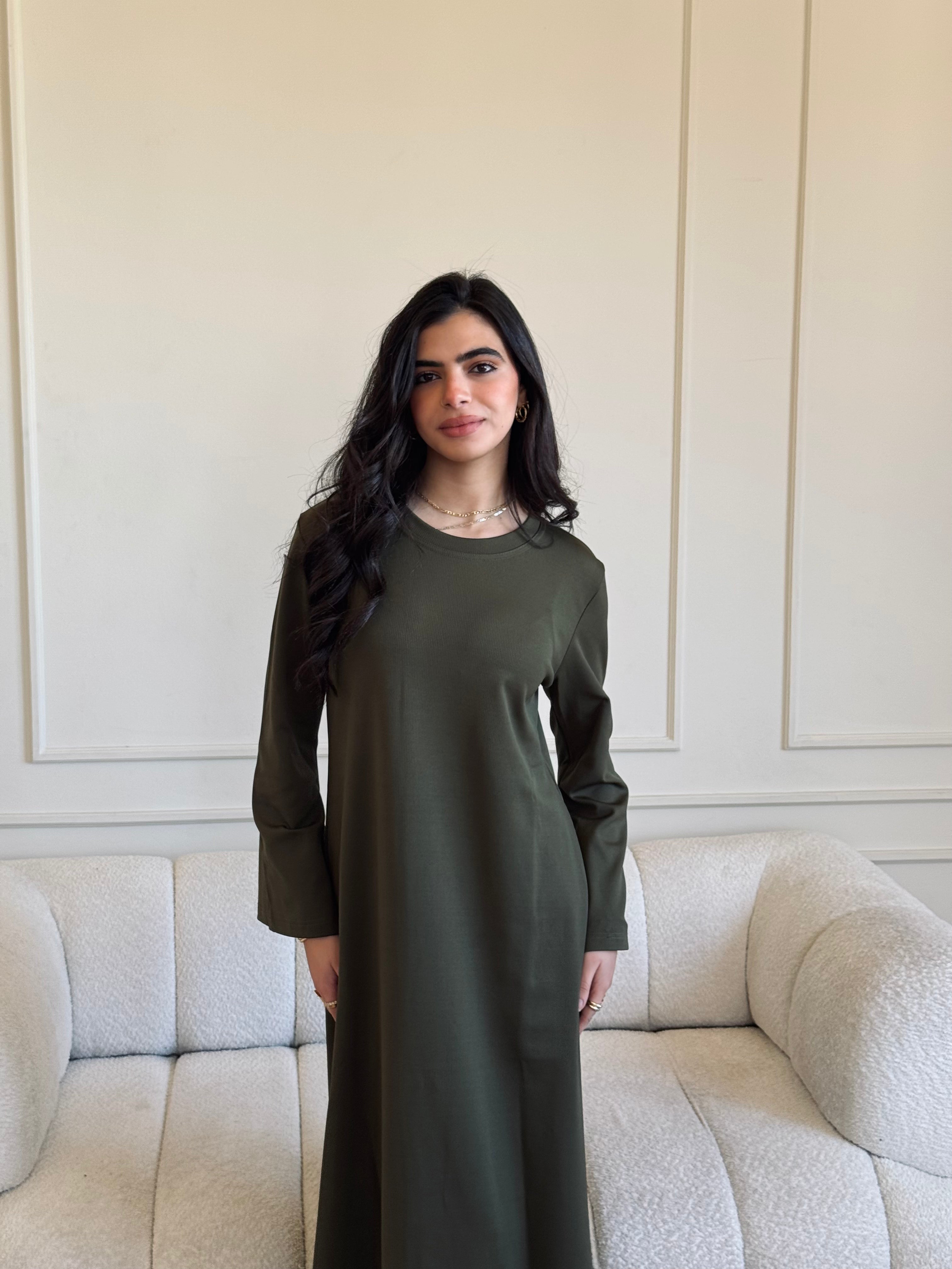 Olive Crew Neck Ribbed Dress
