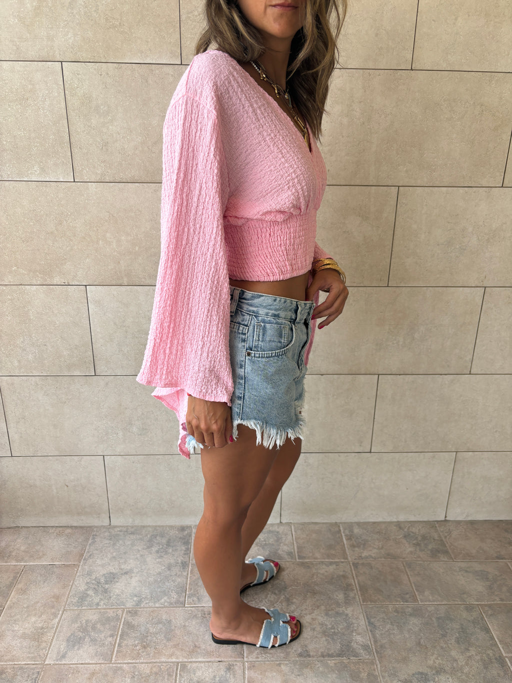 Pink Crinkle Flare Top