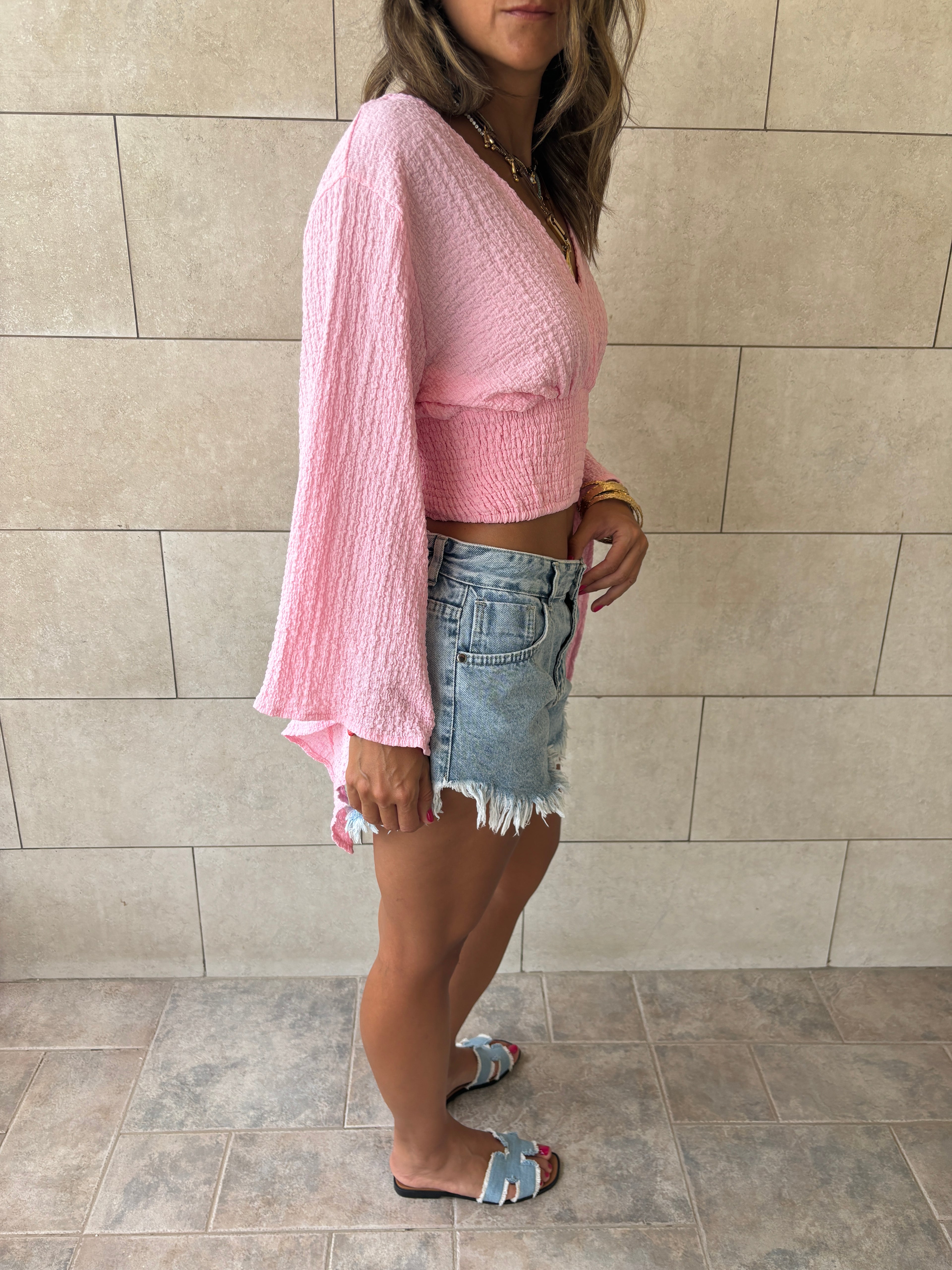 Pink Crinkle Flare Top