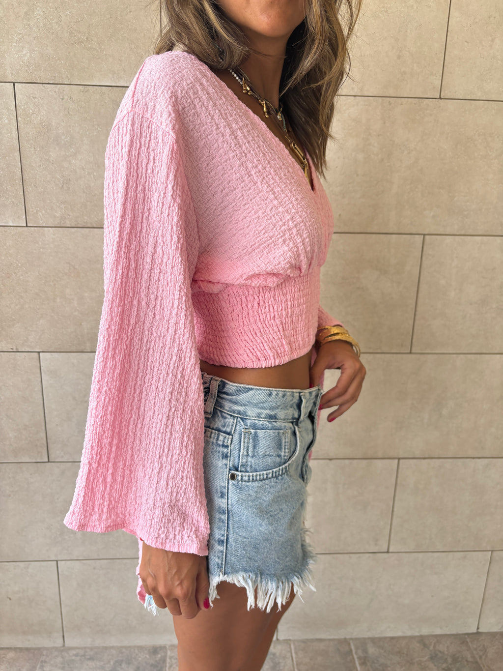 Pink Crinkle Flare Top