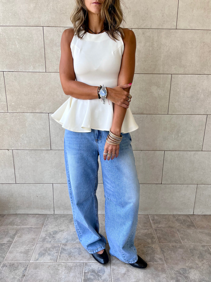 White Peplum Scuba Top
