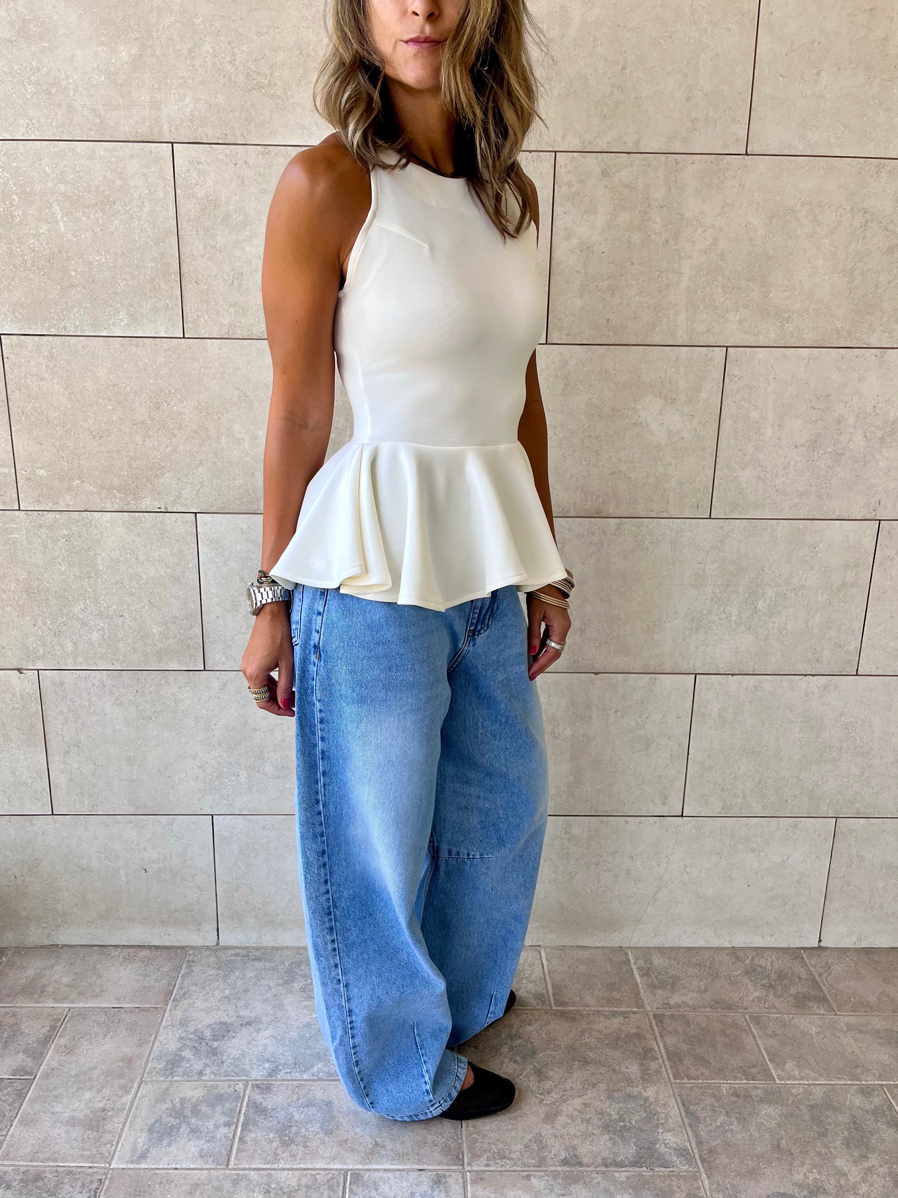 White Peplum Scuba Top