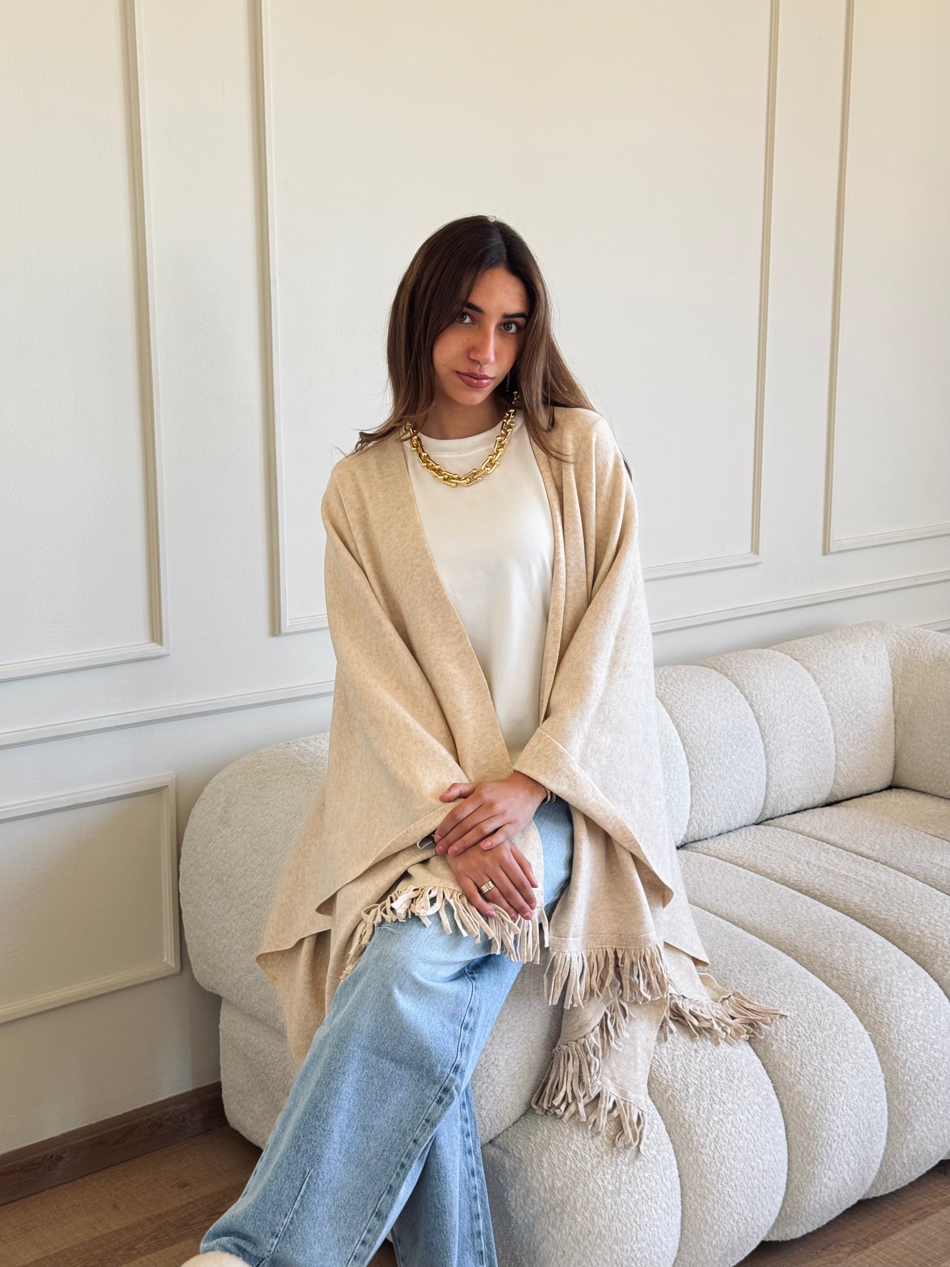 Beige Shawl Poncho