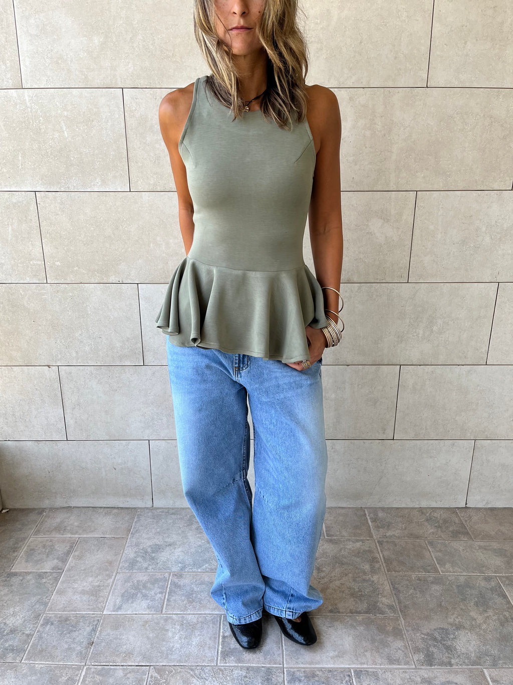 Olive Peplum Scuba Top