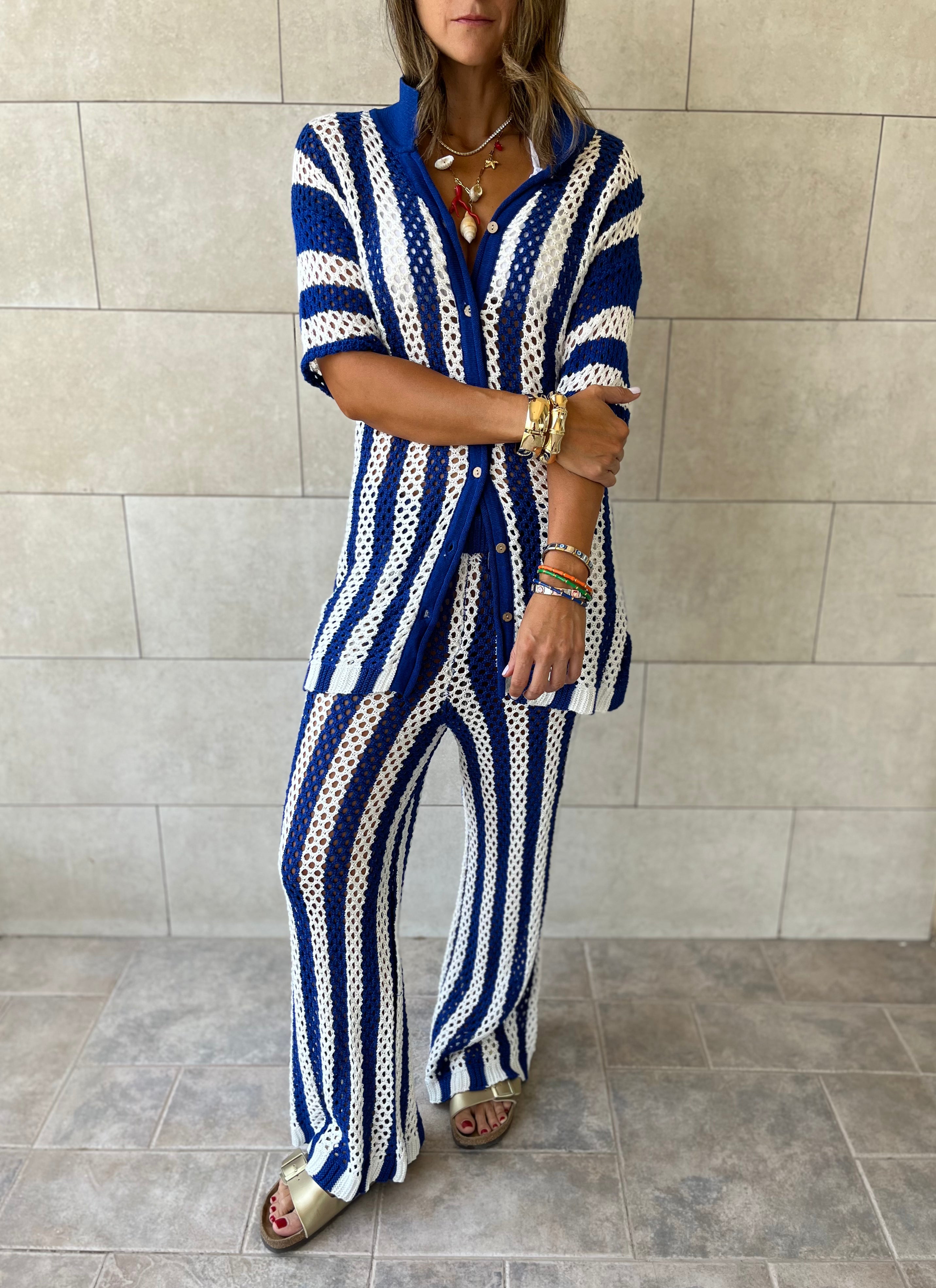 Blue Finally Sunny Crochet Pants Set