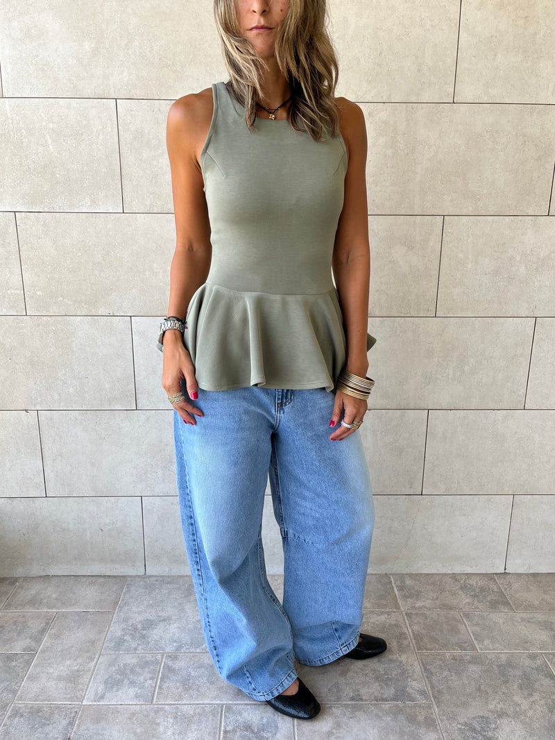 Olive Peplum Scuba Top