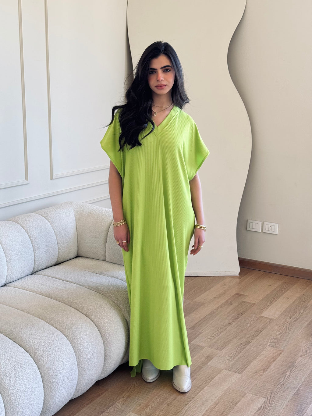 Lime Ribbed Flowy Dress