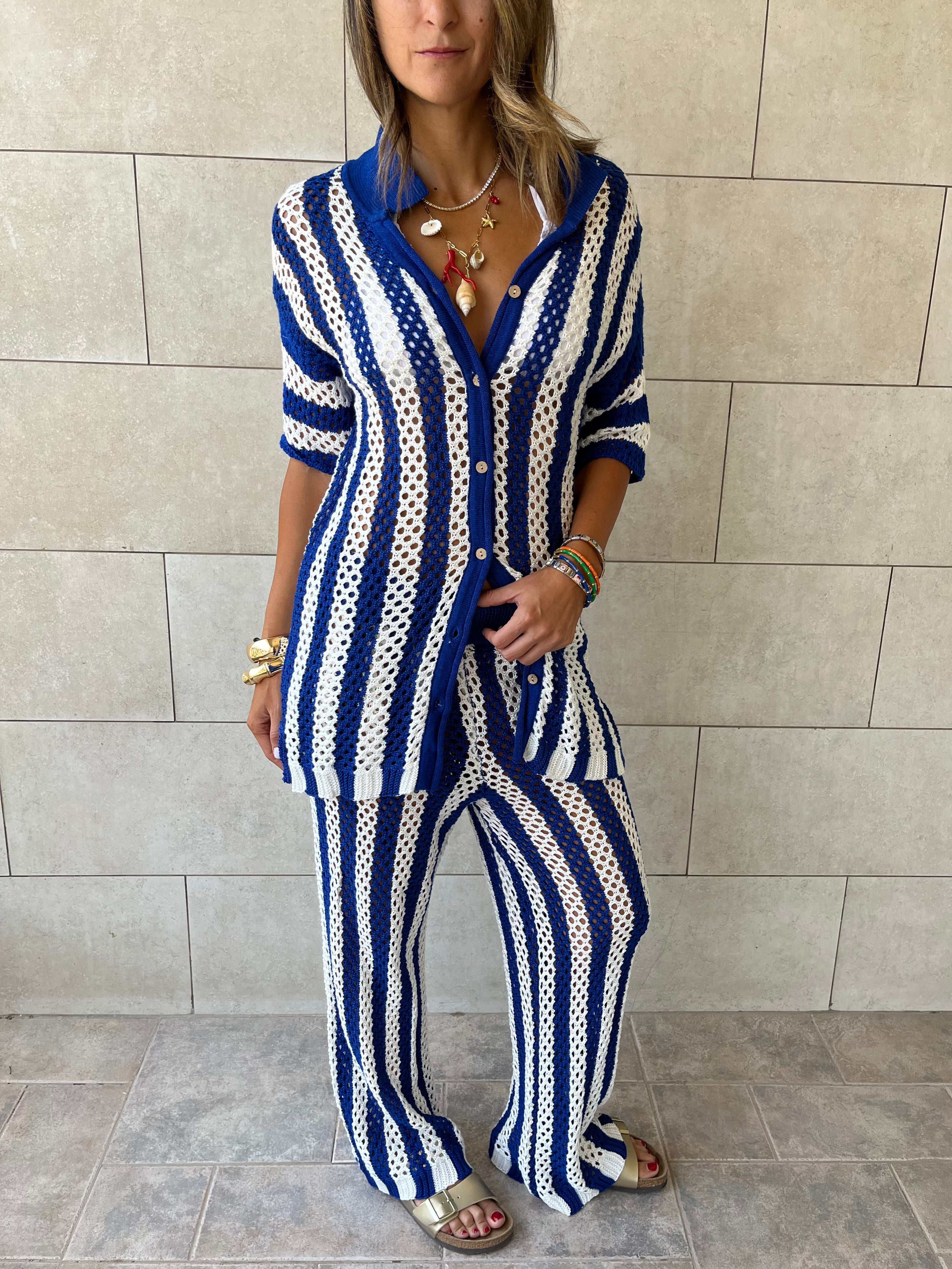 Blue Finally Sunny Crochet Pants Set