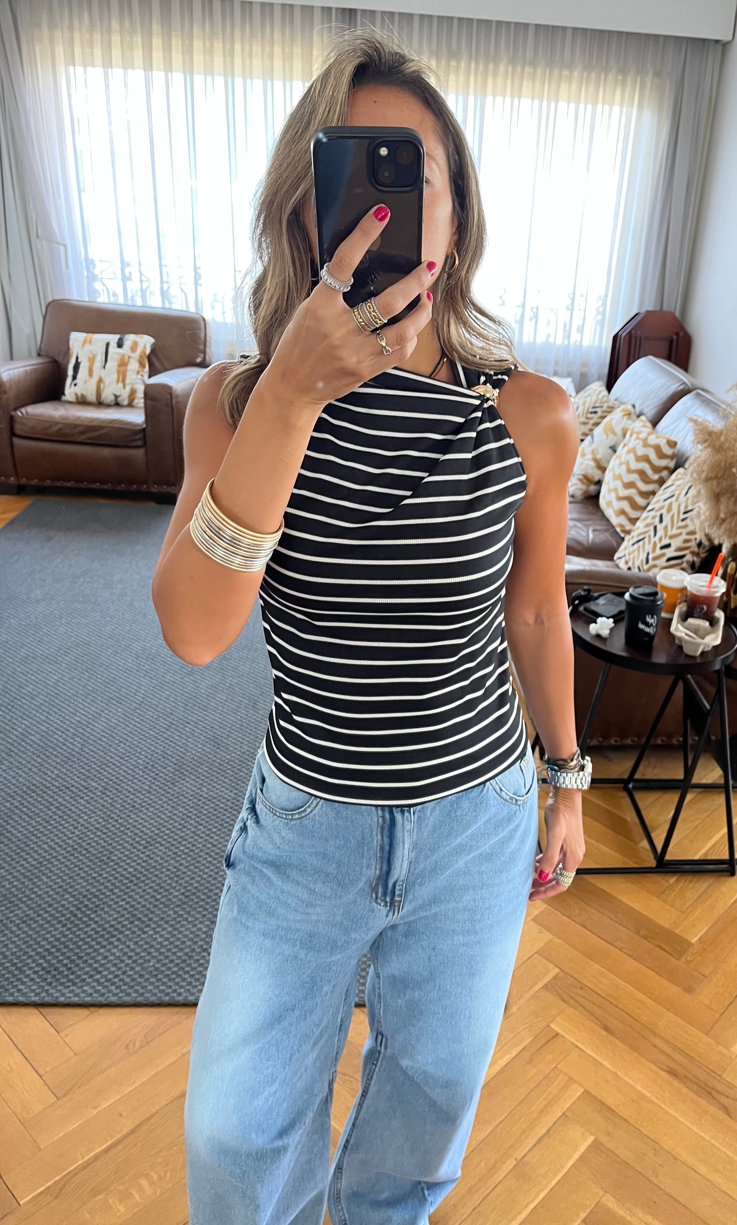 Black Striped Ring Tie Top