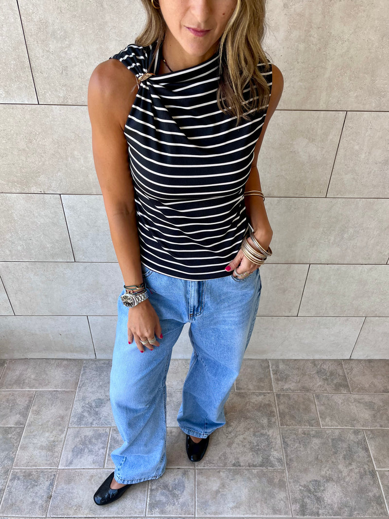 Black Striped Ring Tie Top