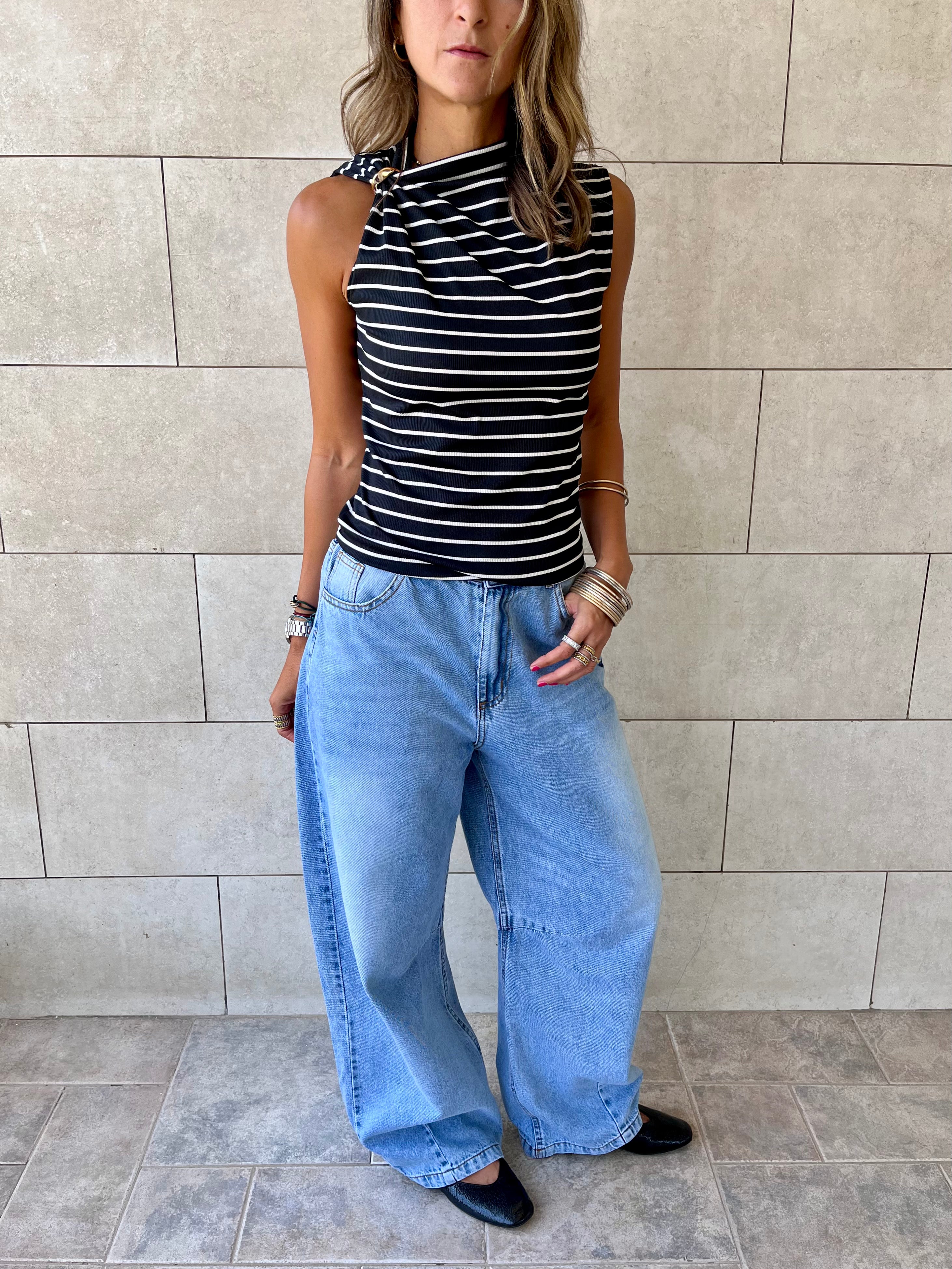 Black Striped Ring Tie Top