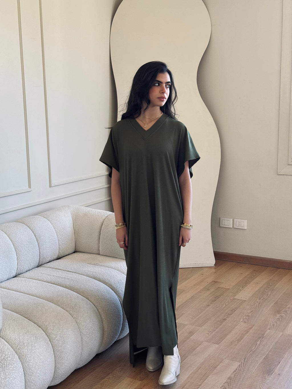 Olive Ribbed Flowy Dress