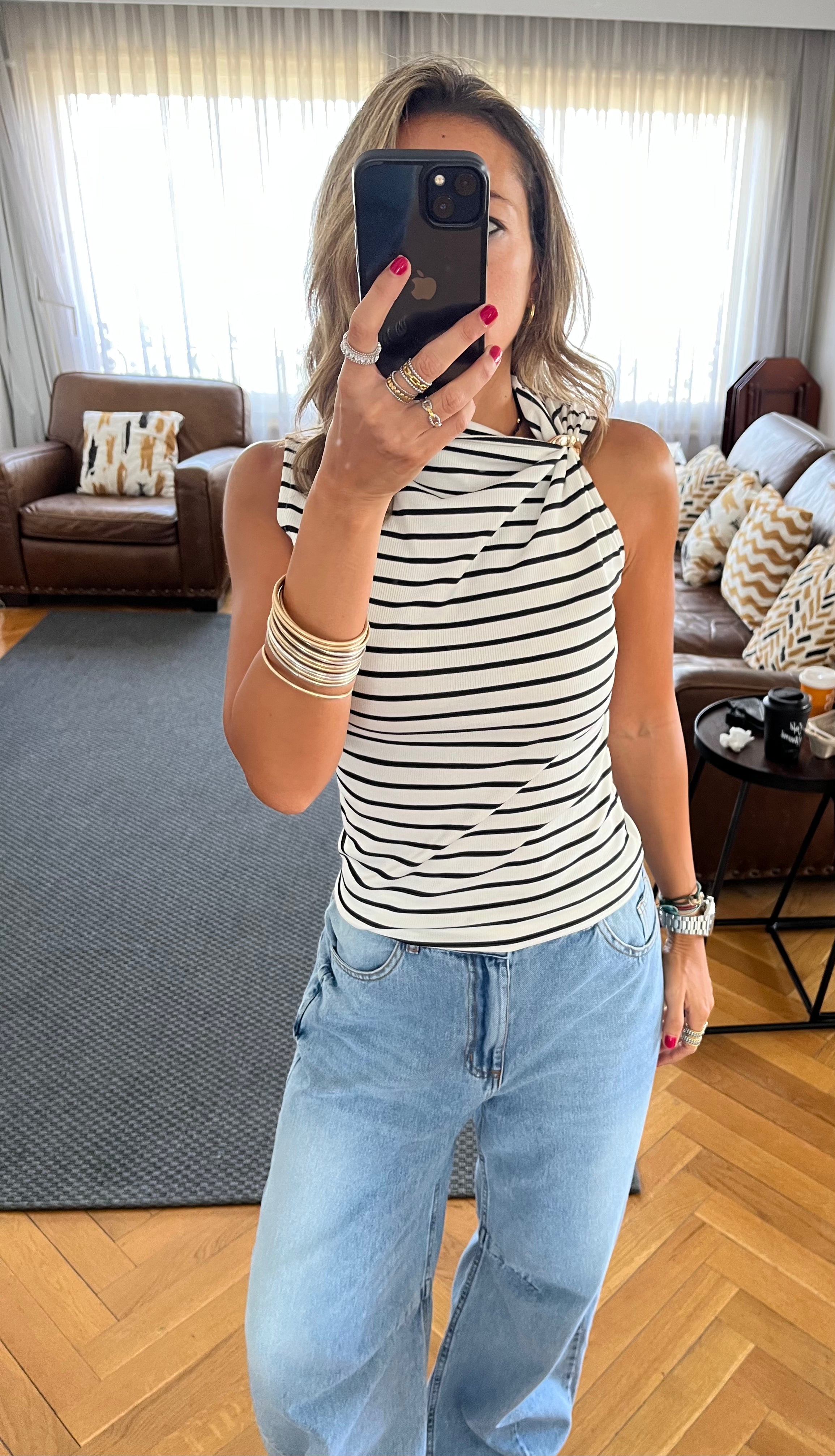 White Striped Ring Tie Top