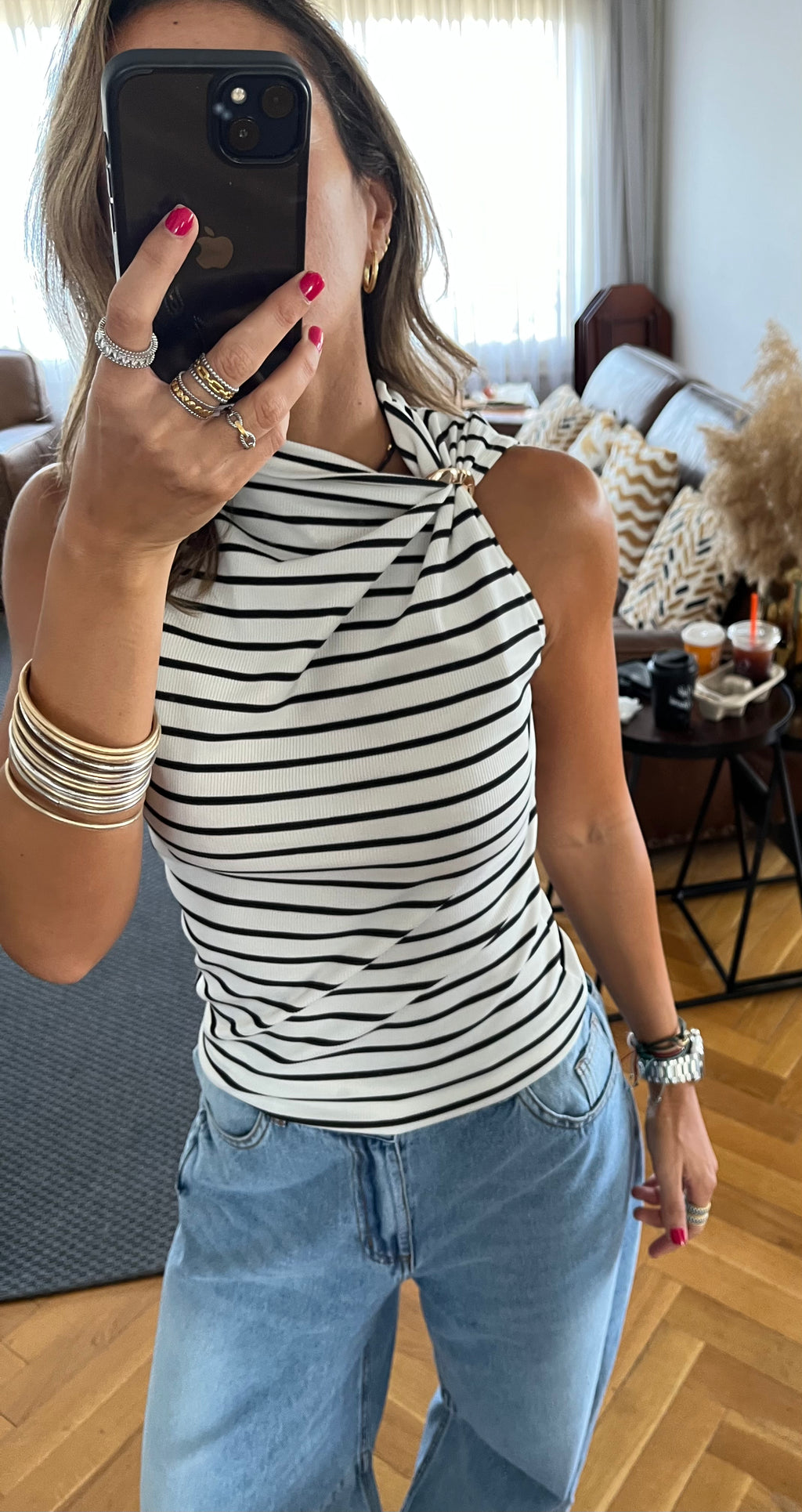 White Striped Ring Tie Top