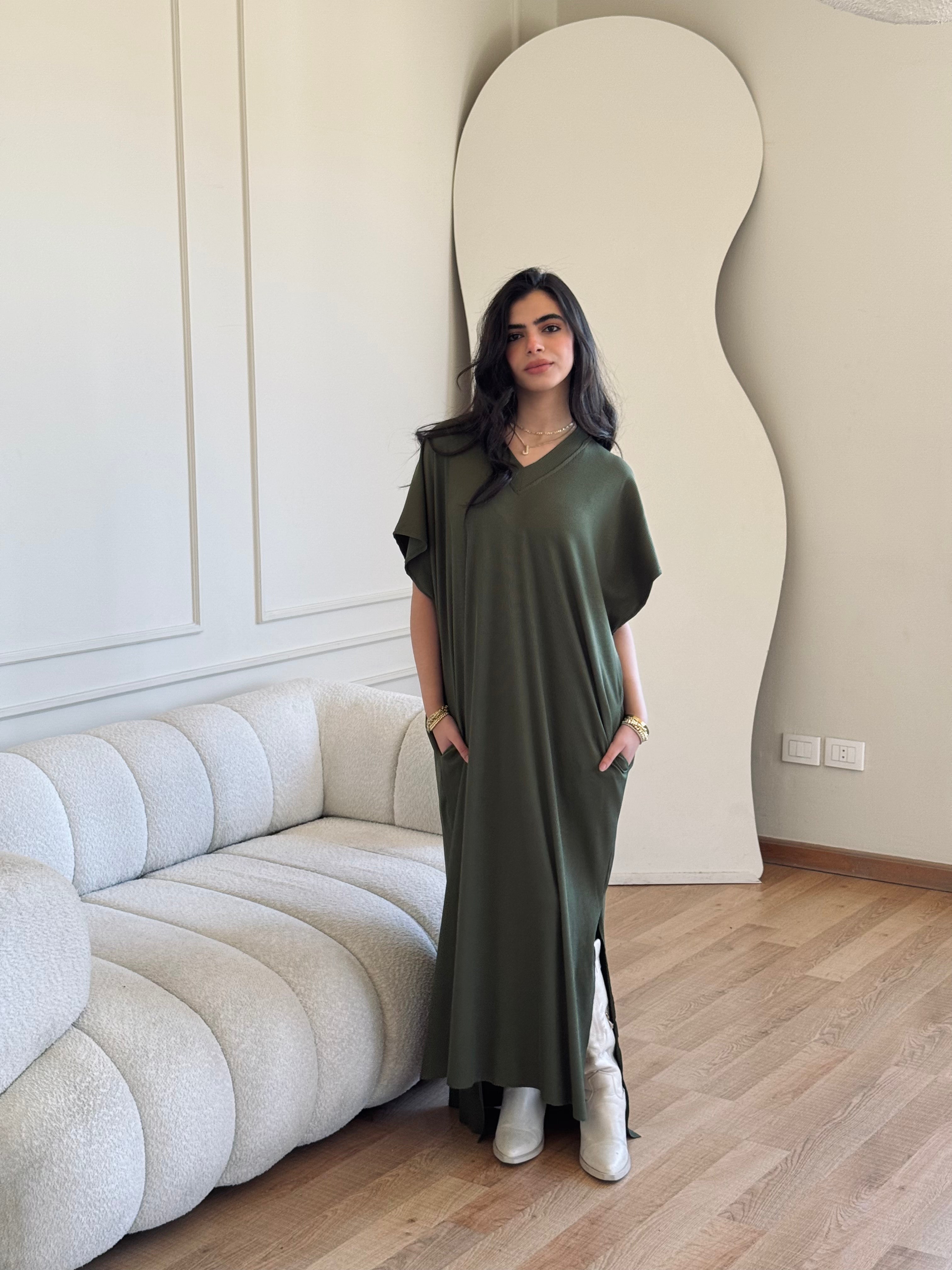 Olive Ribbed Flowy Dress