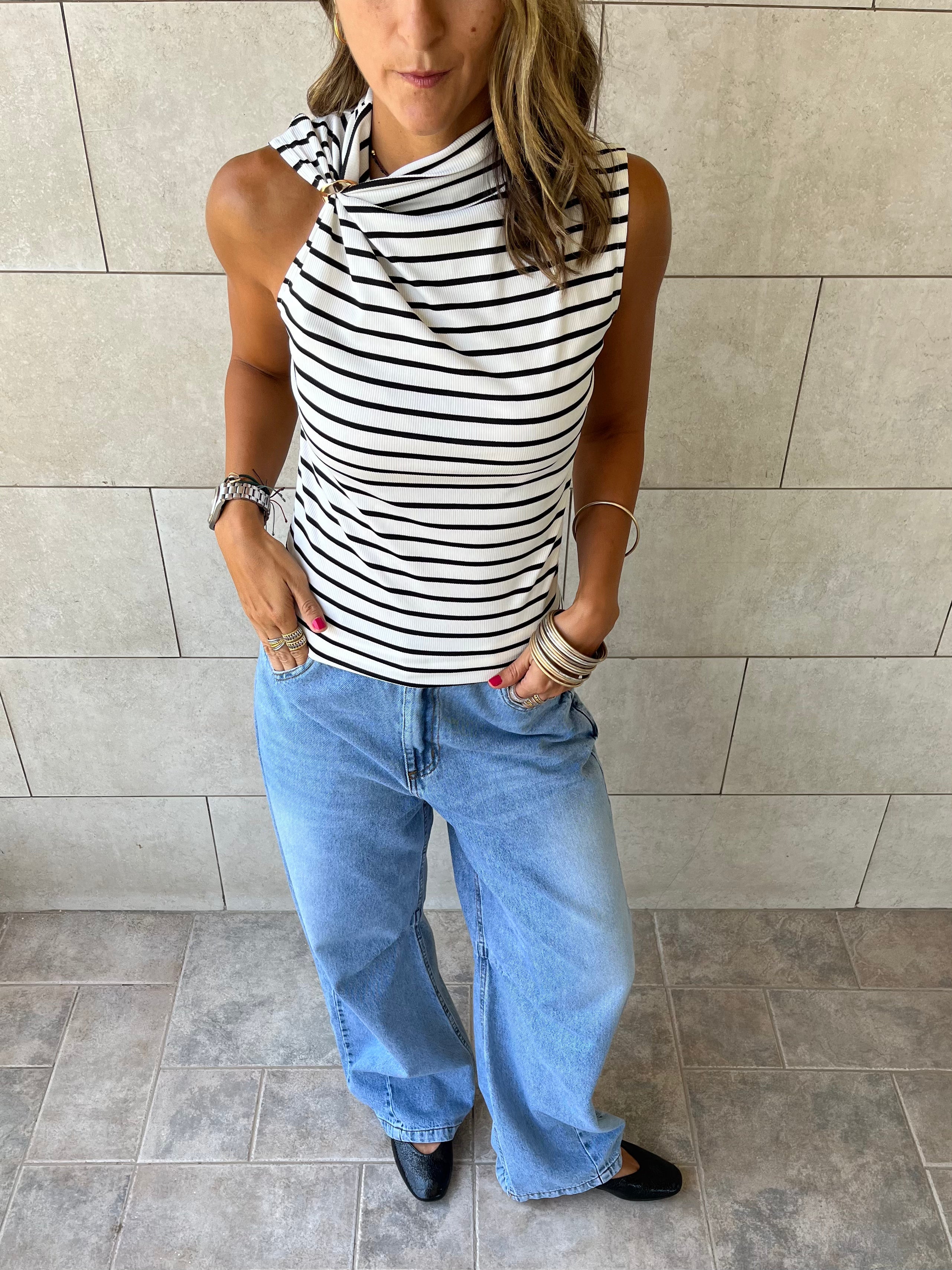 White Striped Ring Tie Top