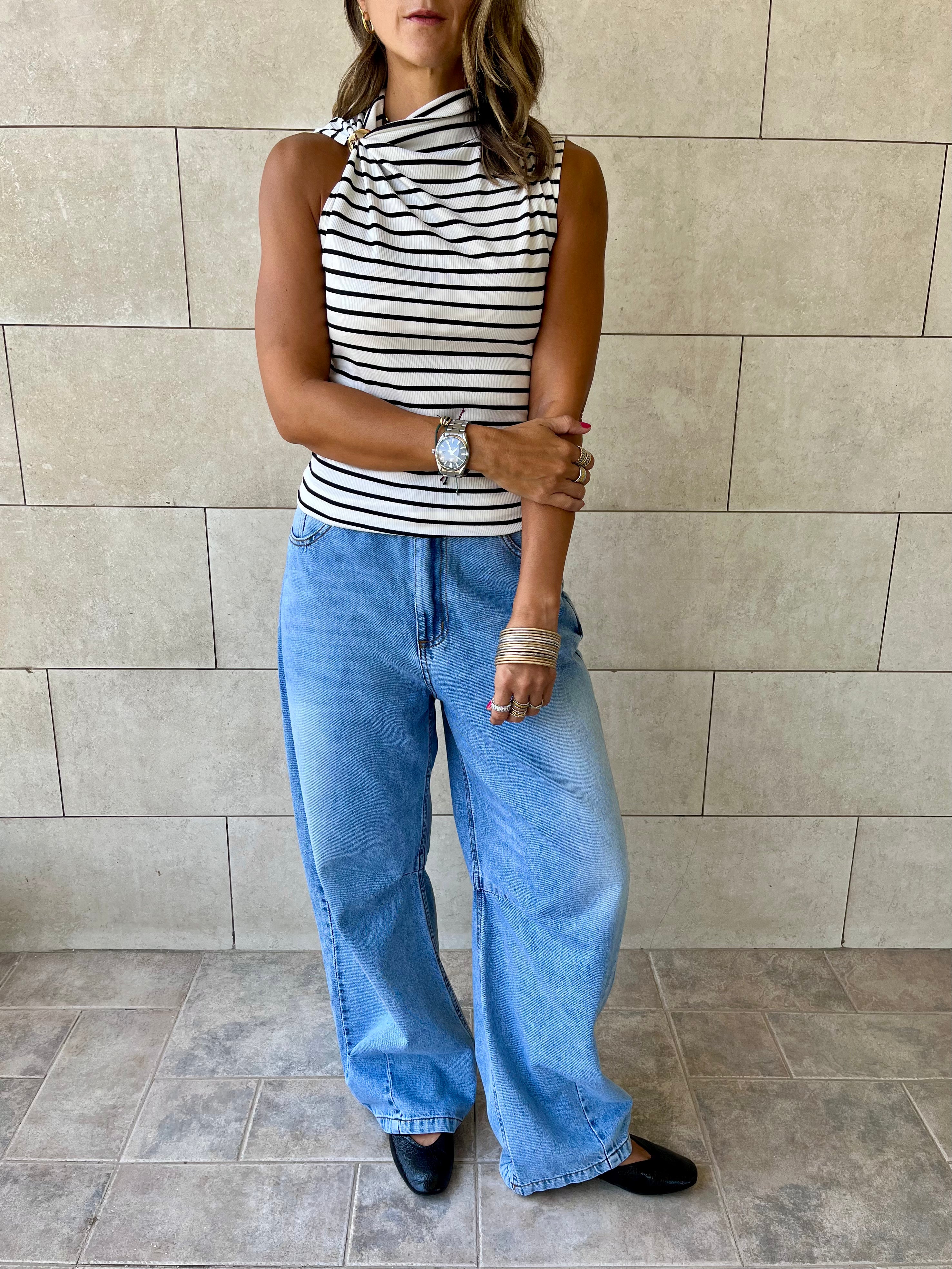 White Striped Ring Tie Top