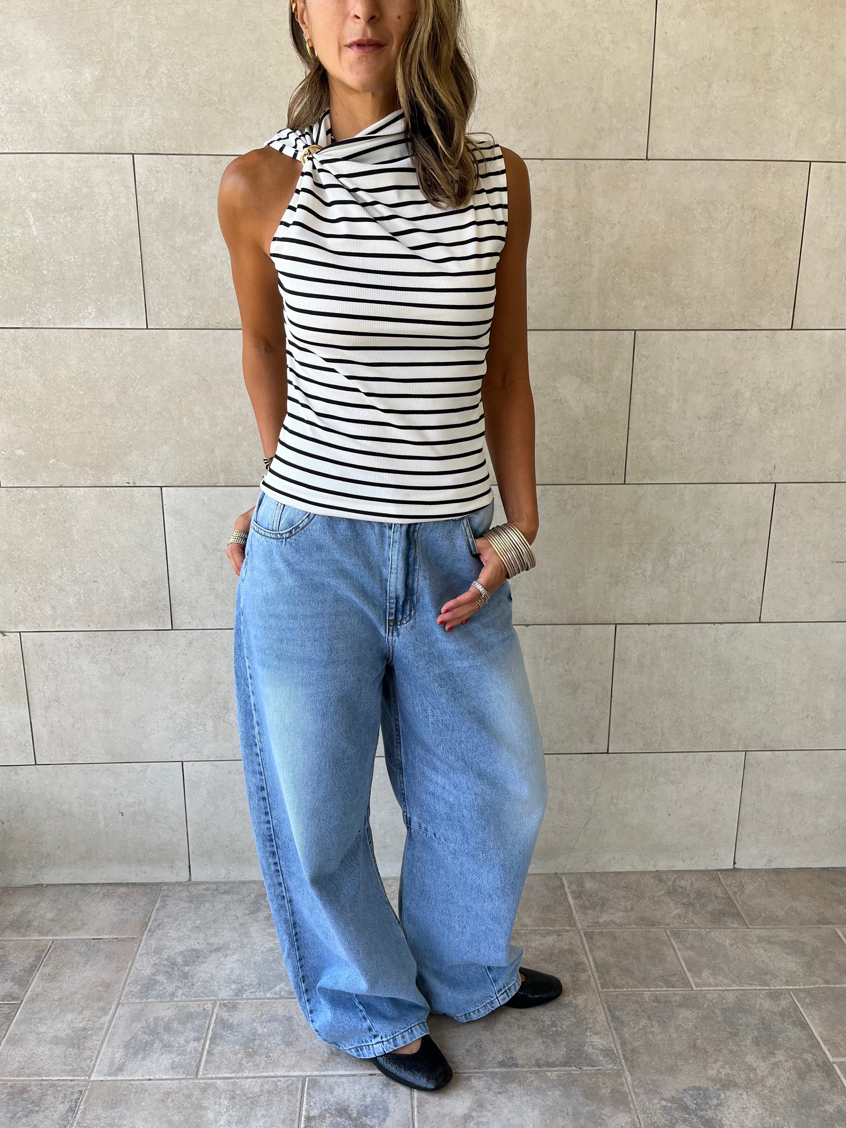 White Striped Ring Tie Top
