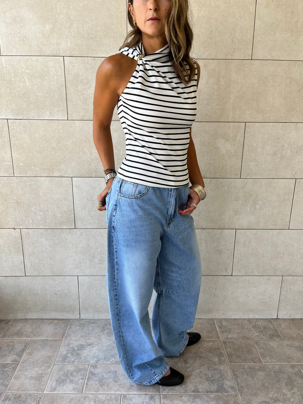 White Striped Ring Tie Top