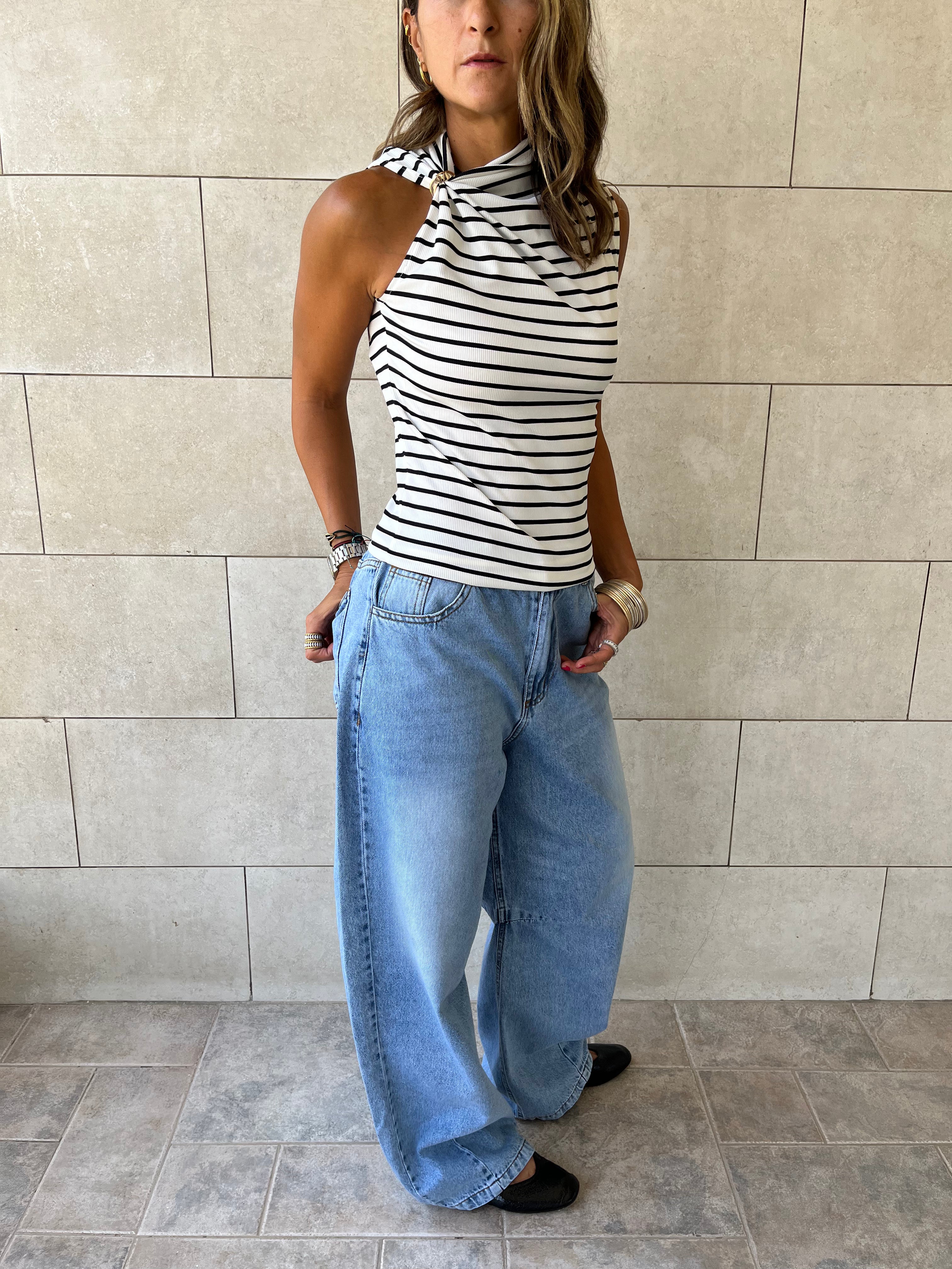 White Striped Ring Tie Top