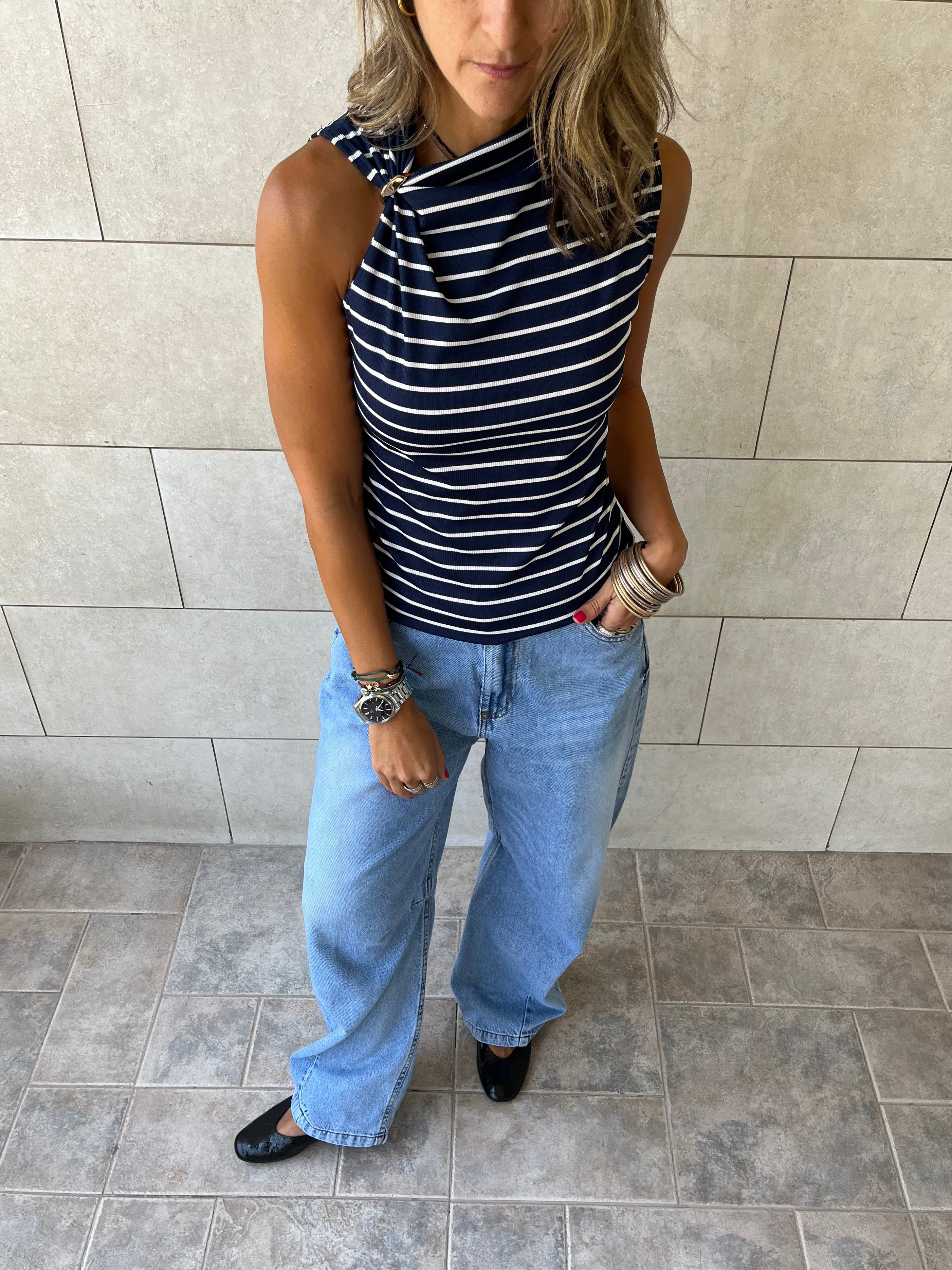 Navy Striped Ring Tie Top