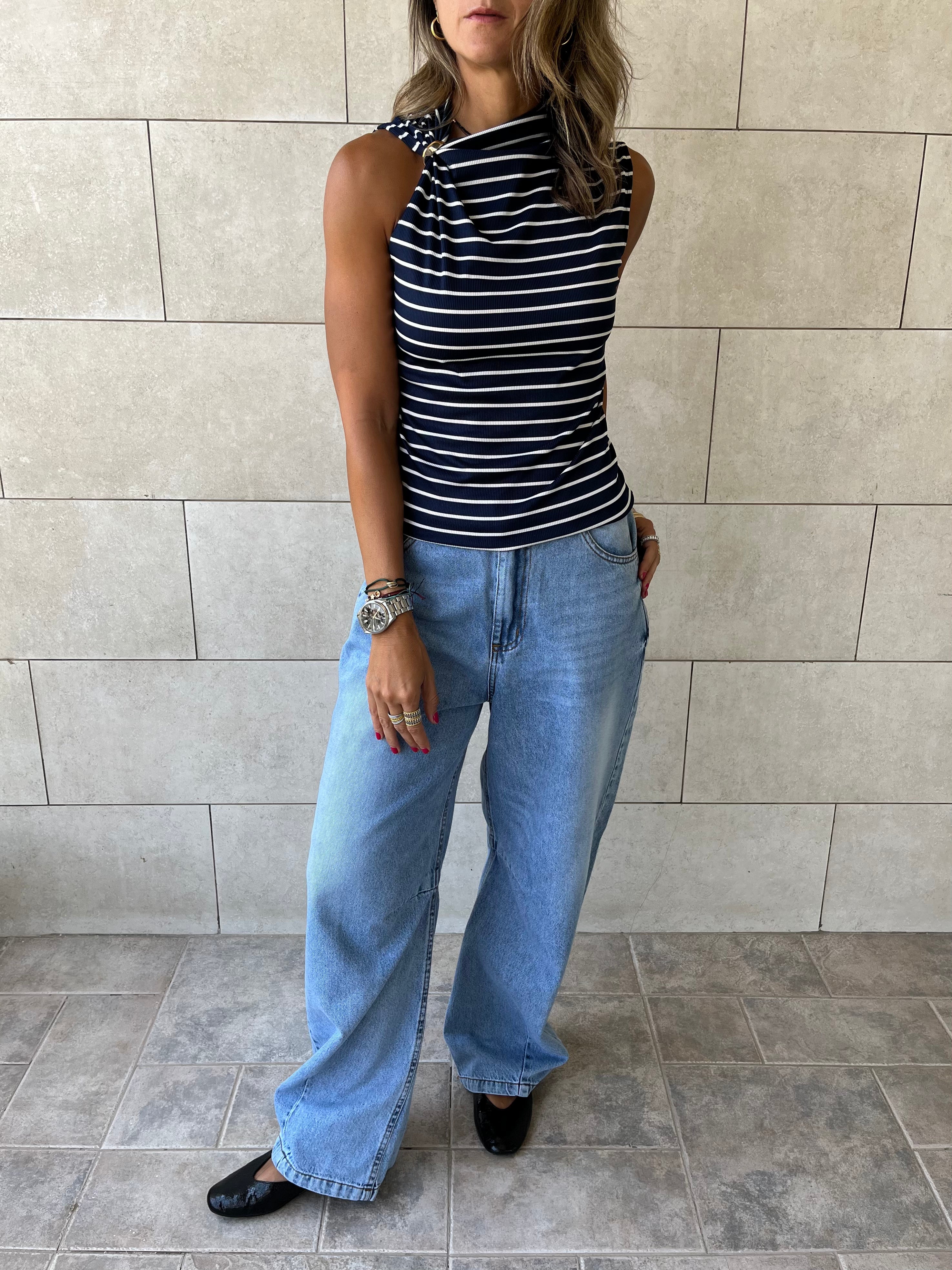 Navy Striped Ring Tie Top
