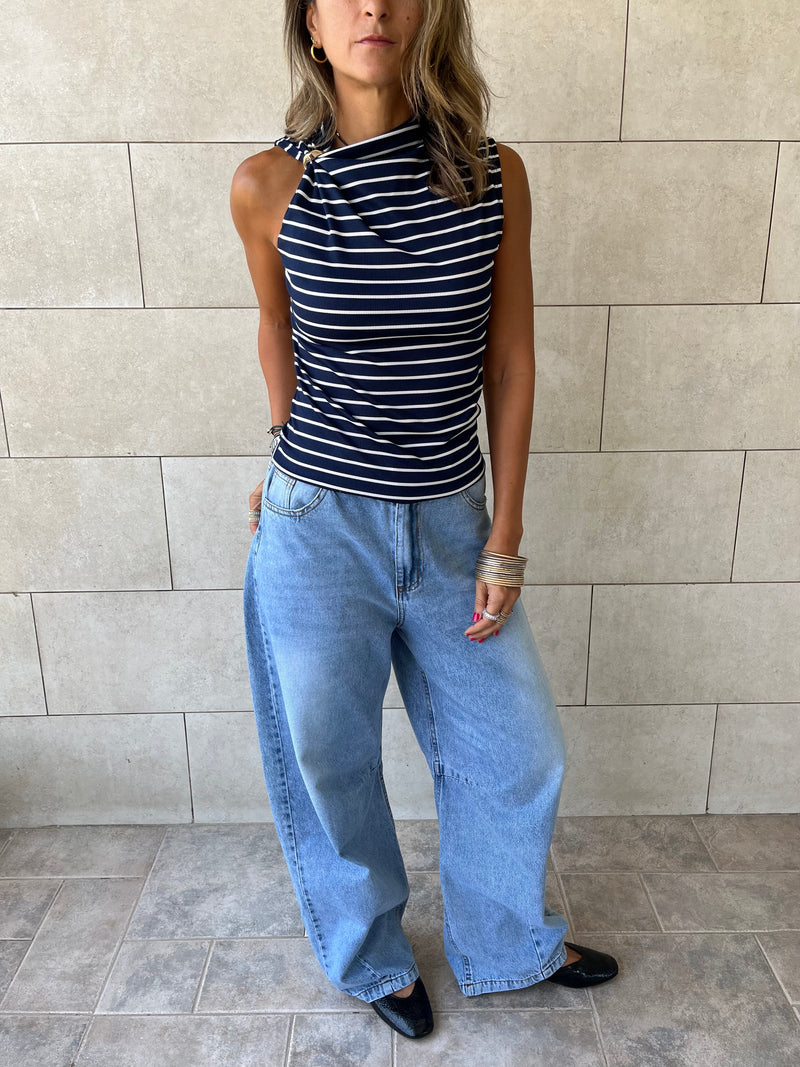 Navy Striped Ring Tie Top