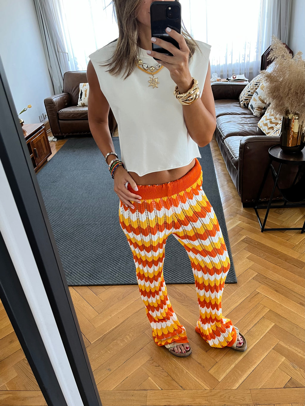 Orange Giving Waves Crochet Pants