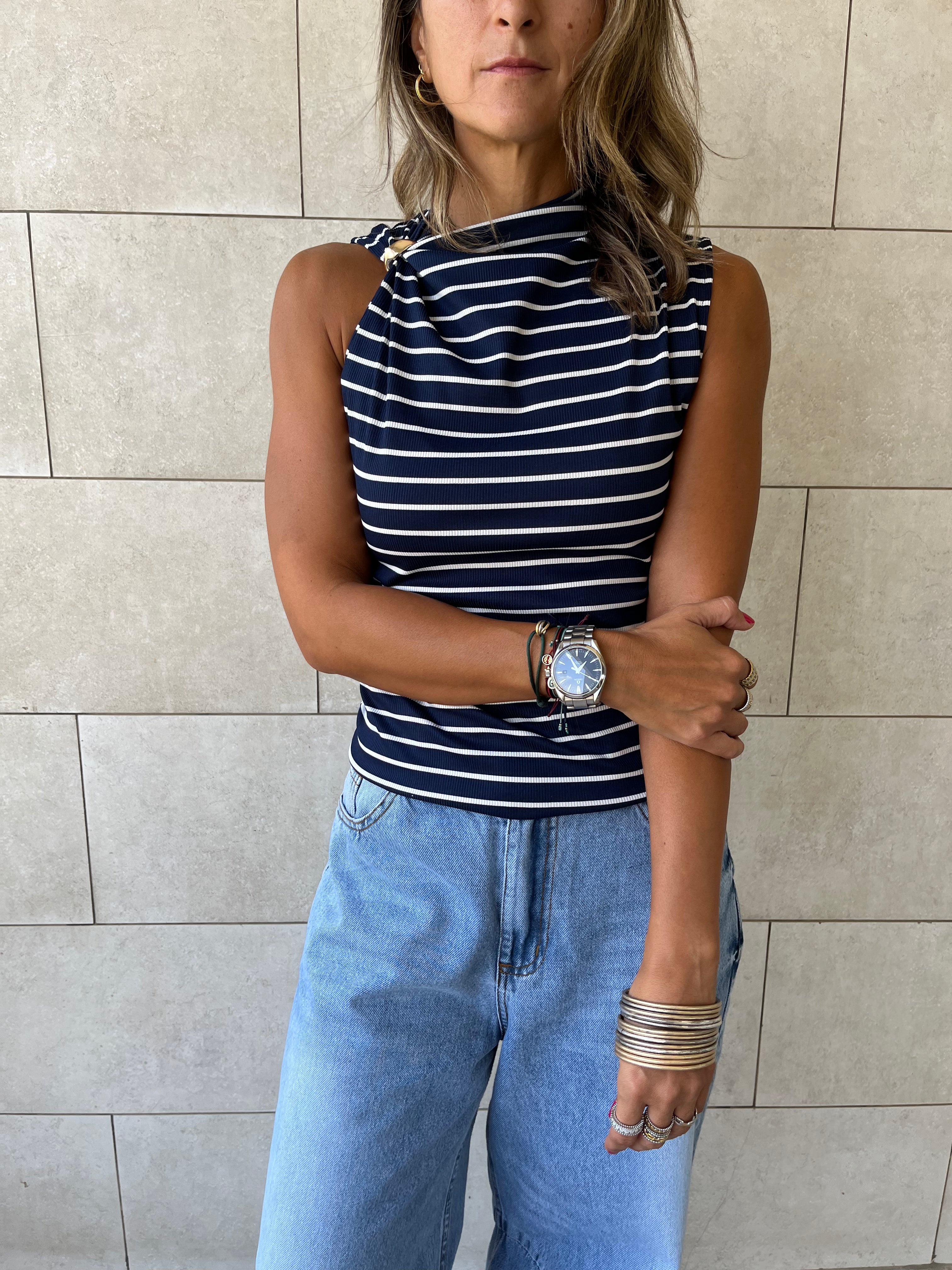 Navy Striped Ring Tie Top