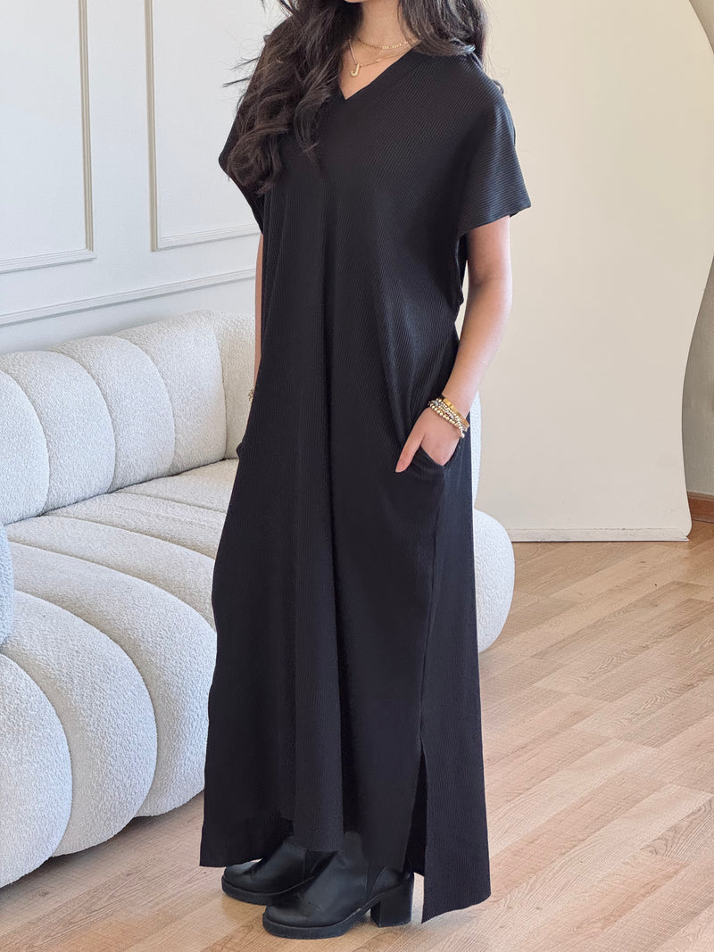 Black Ribbed Flowy Dress