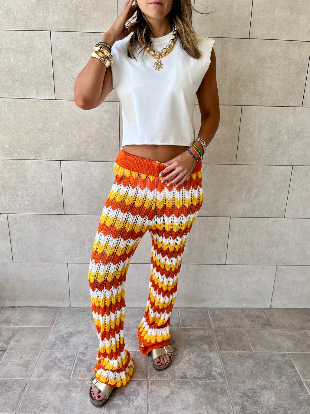 Orange Giving Waves Crochet Pants