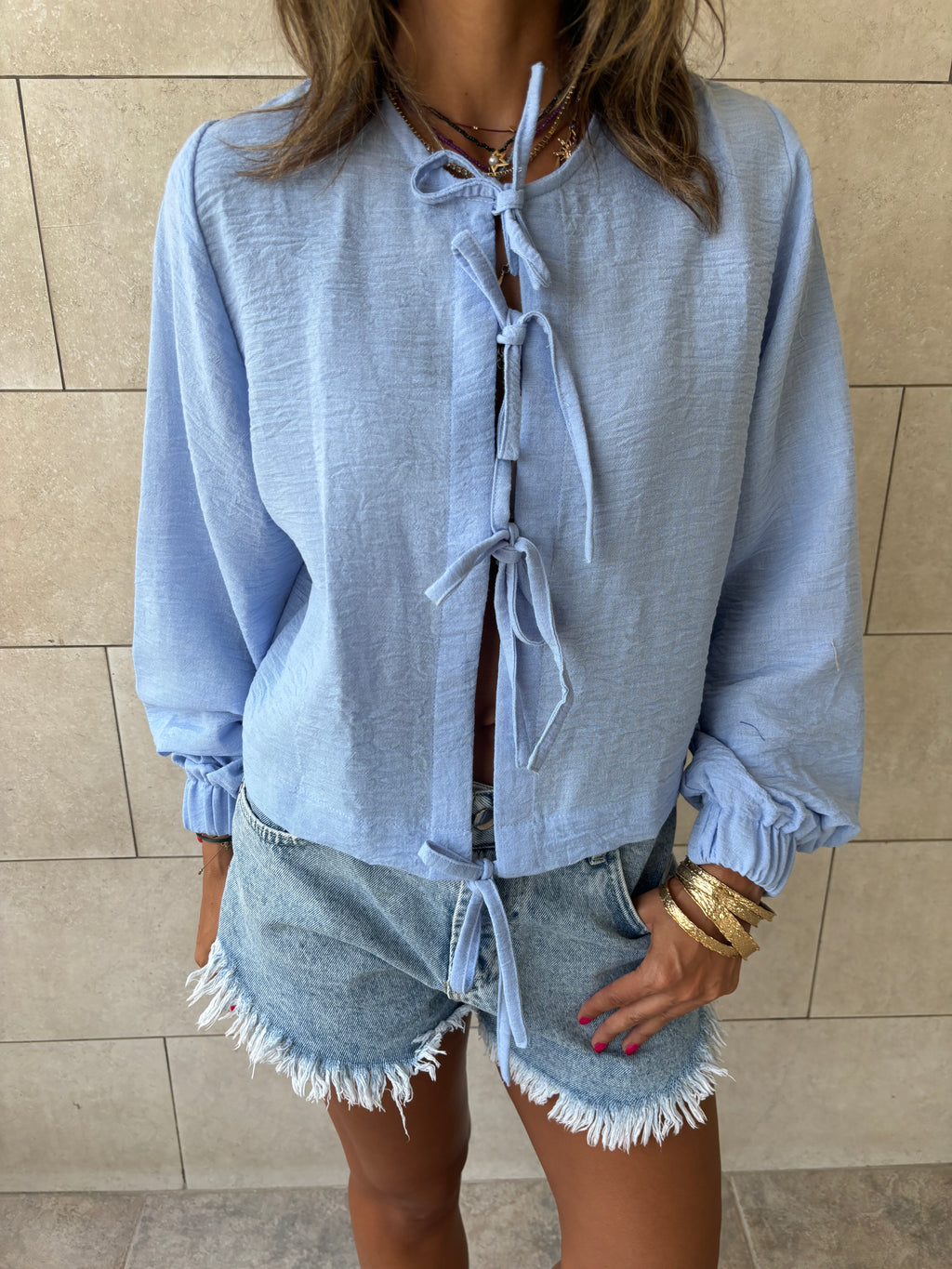 Baby Blue Ribbon Tie Blouse