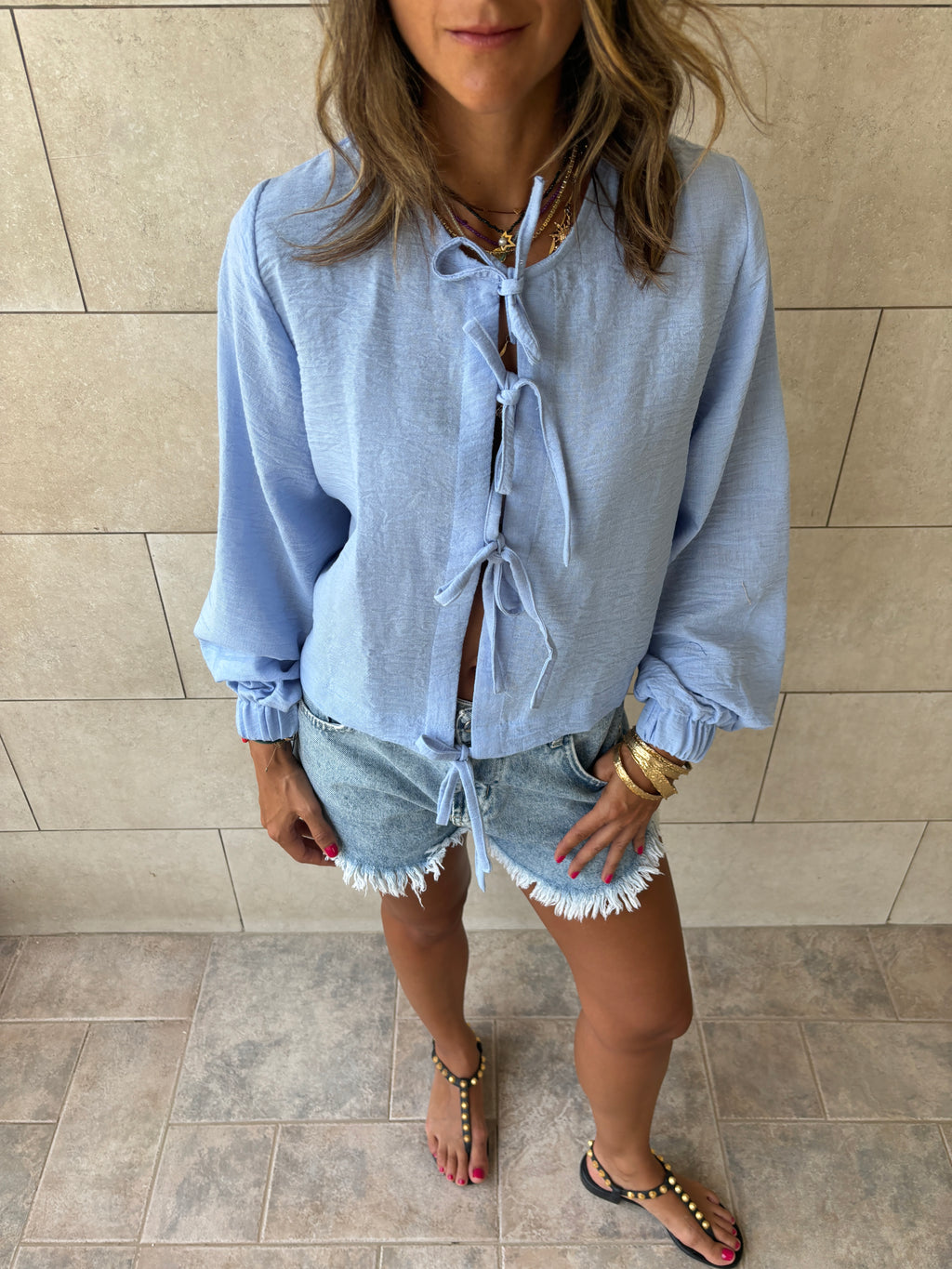 Baby Blue Ribbon Tie Blouse