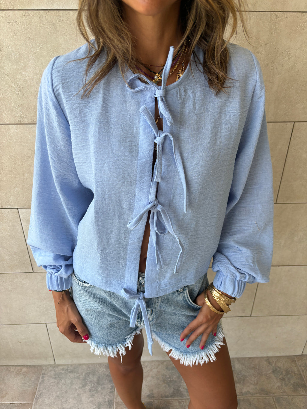 Baby Blue Ribbon Tie Blouse