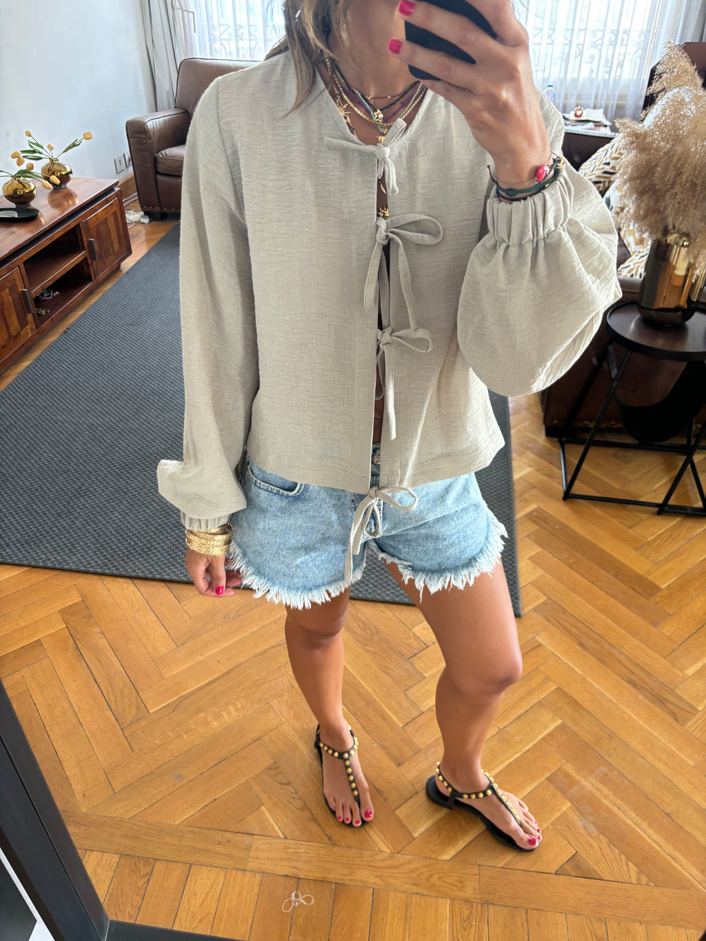 Grey Ribbon Tie Blouse