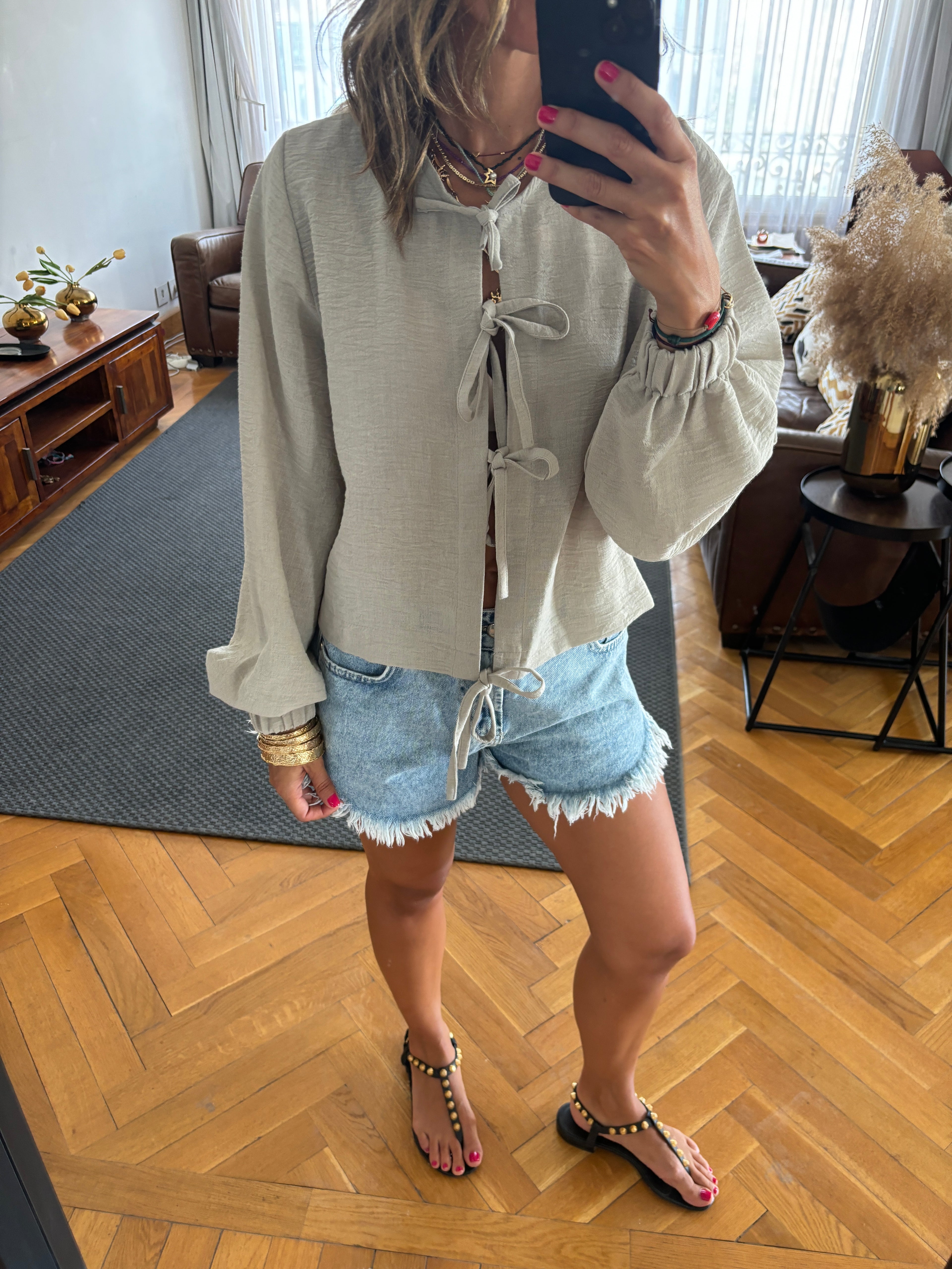 Grey Ribbon Tie Blouse