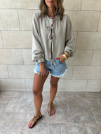 Grey Ribbon Tie Blouse