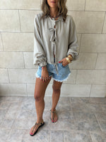 Grey Ribbon Tie Blouse