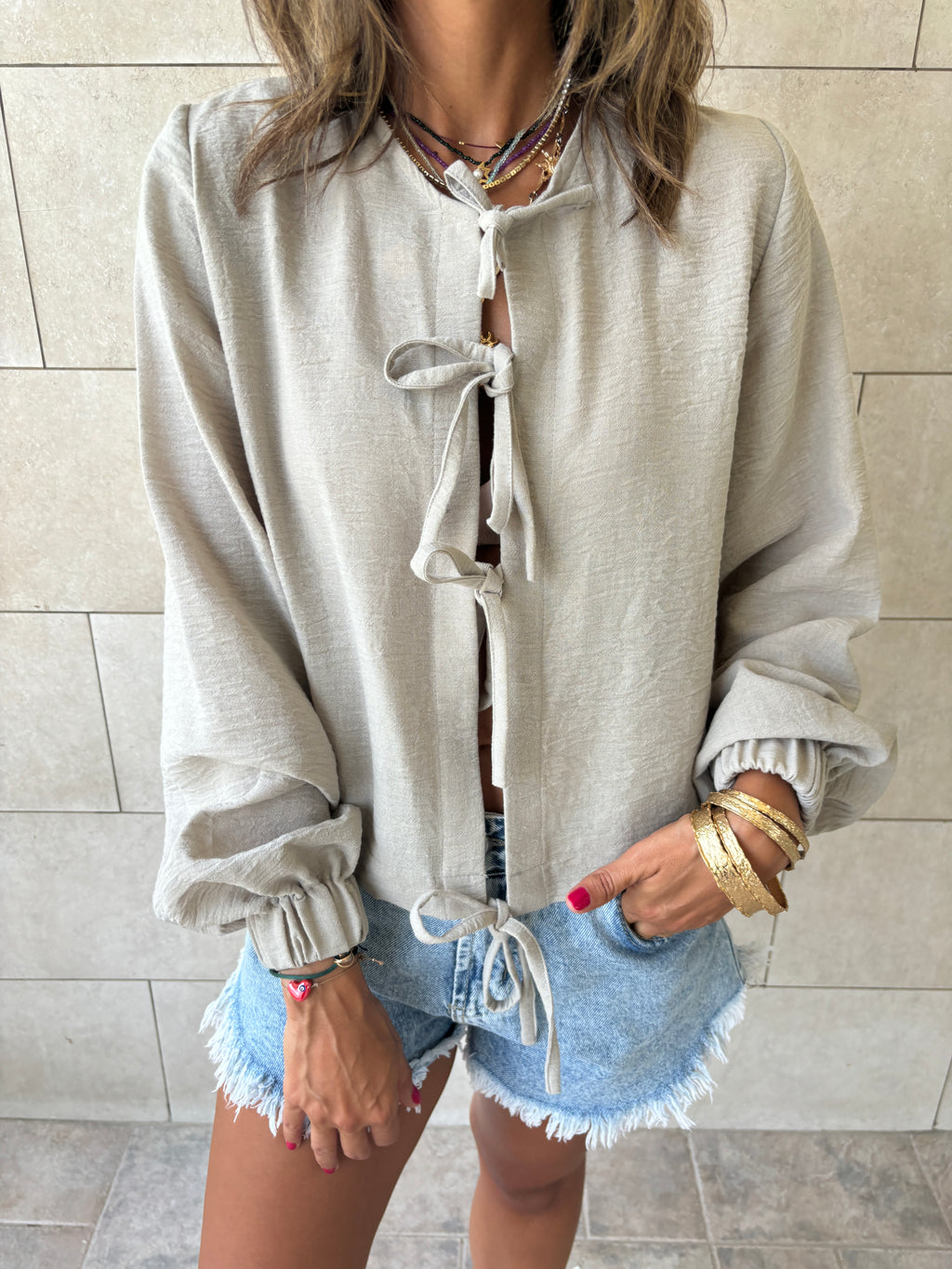 Grey Ribbon Tie Blouse