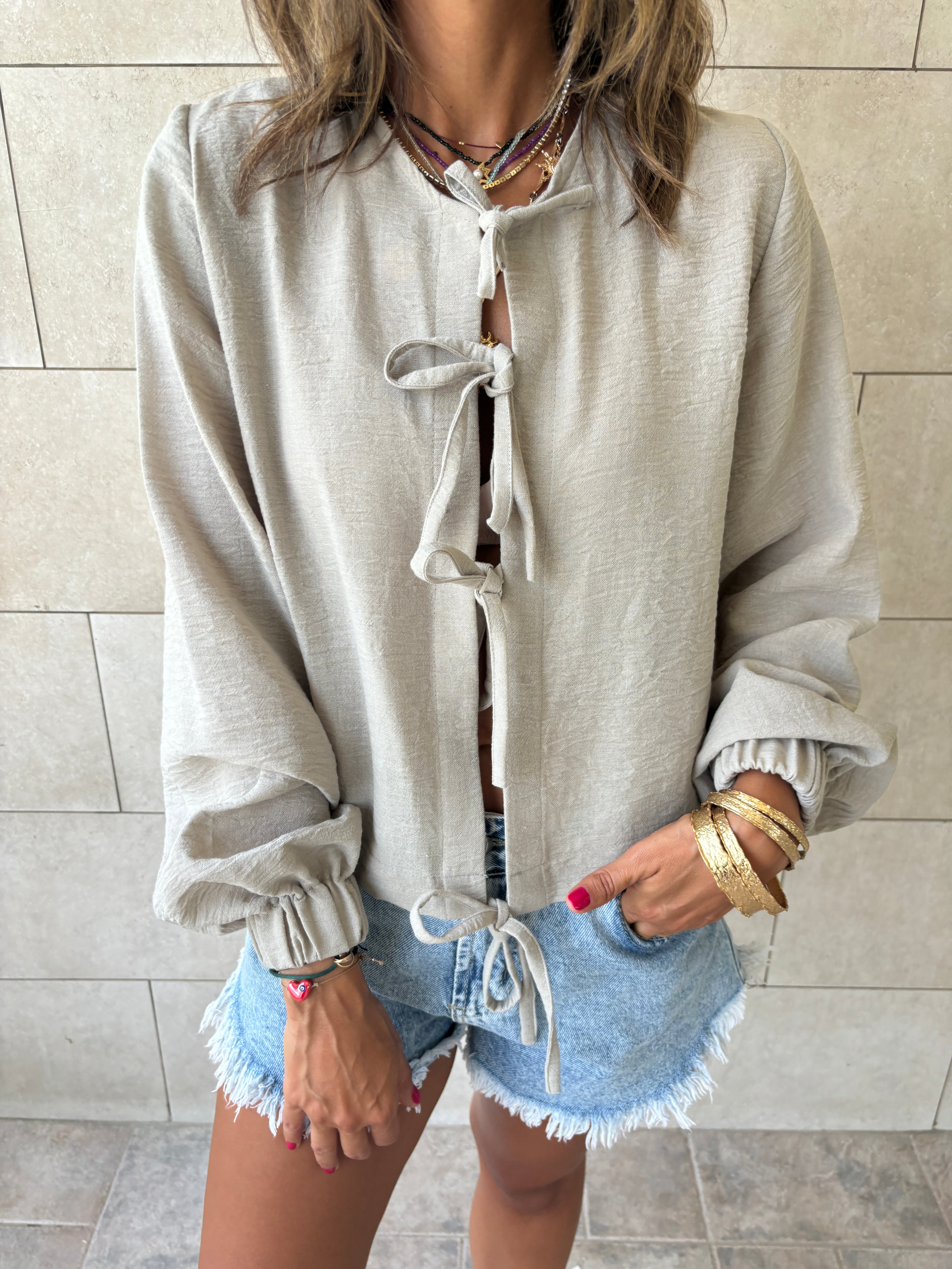 Grey Ribbon Tie Blouse