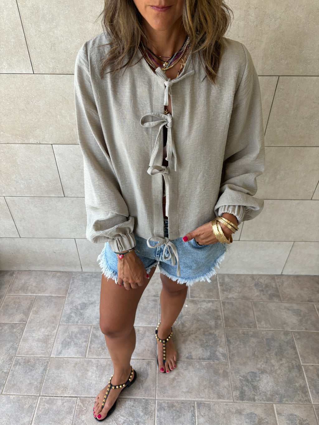 Grey Ribbon Tie Blouse