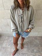 Grey Ribbon Tie Blouse