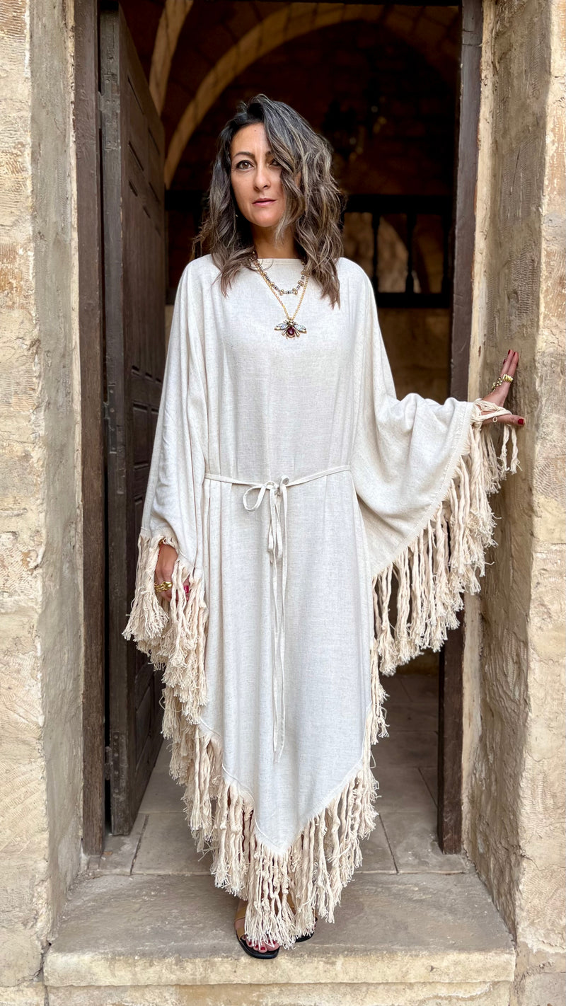 Beige linen Bohemian Poncho Dress – Frillu - Main Image