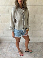 Grey Ribbon Tie Blouse
