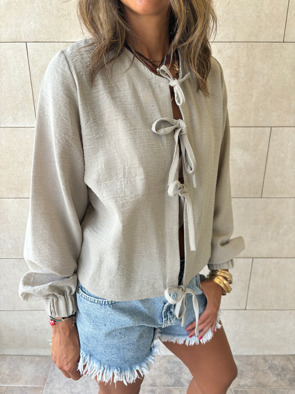 Grey Ribbon Tie Blouse